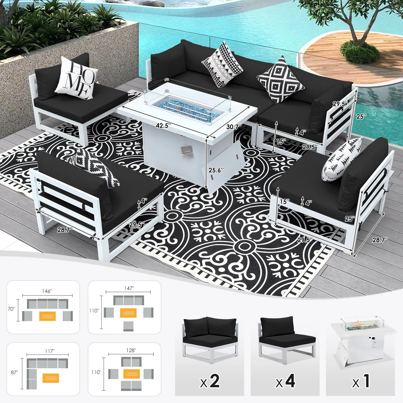 NICESOUL Aluminum Patio Sofa with Fire Pit 6 Seater 7-Piece