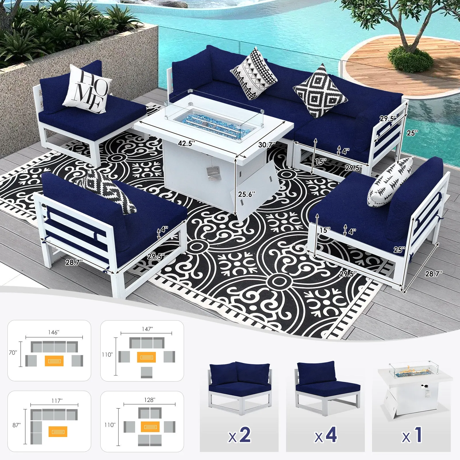 NICESOUL Aluminum Patio Sofa with Fire Pit 6 Seater 7-Piece
