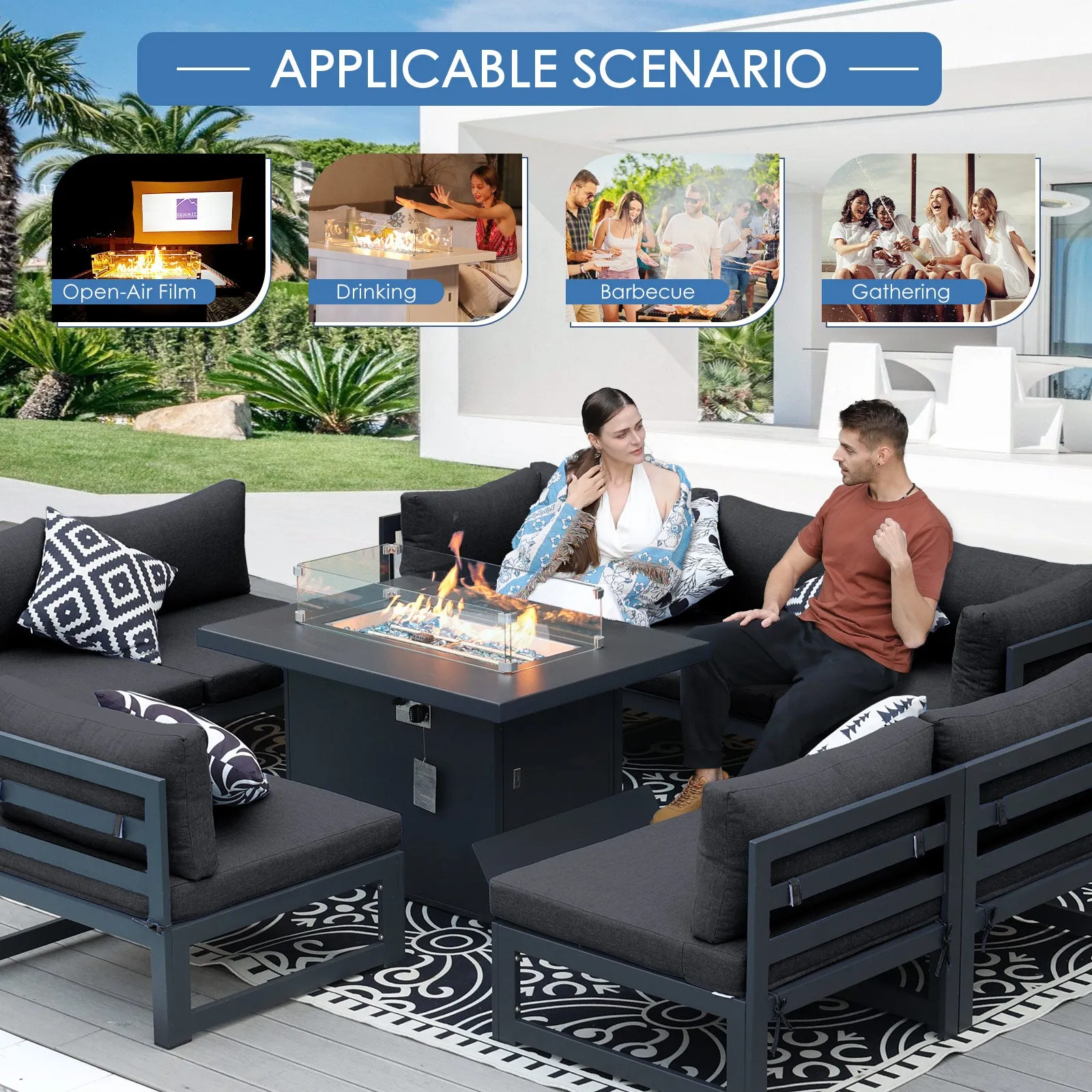 NICESOUL Aluminum Patio Sofa with Fire Pit 6 Seater 7-Piece