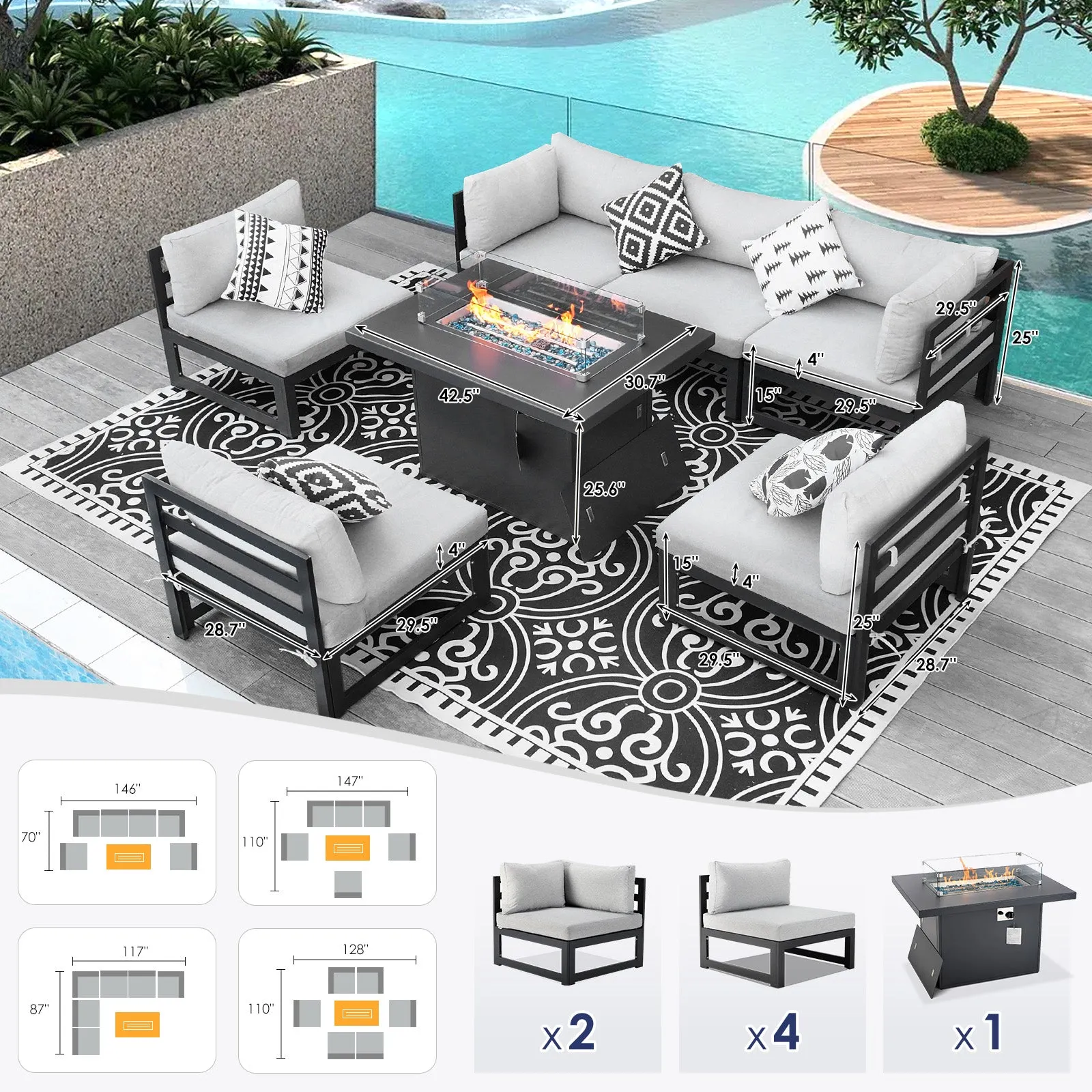NICESOUL Aluminum Patio Sofa with Fire Pit 6 Seater 7-Piece