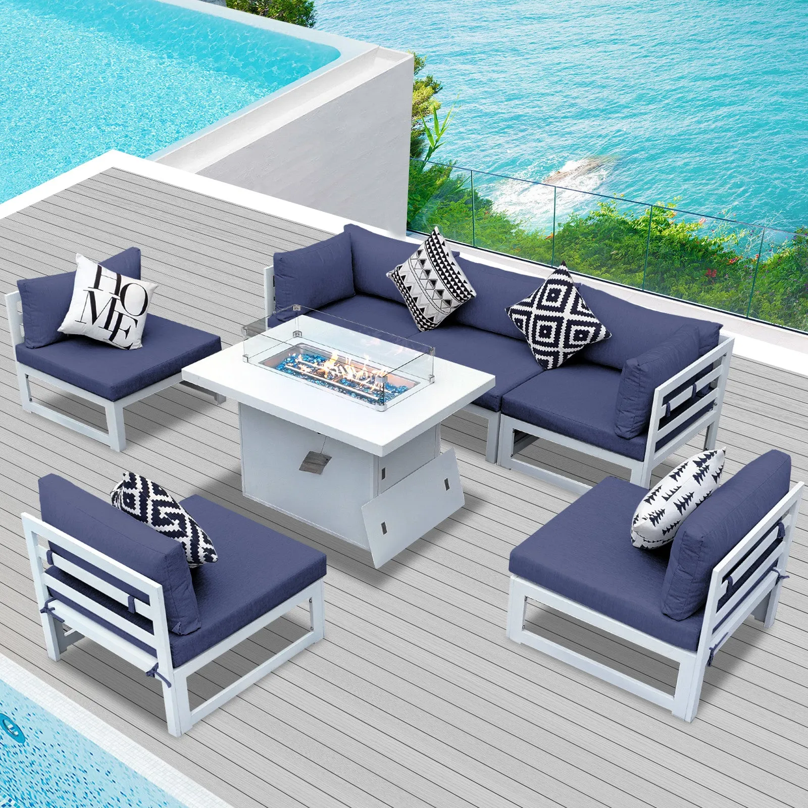 NICESOUL Aluminum Patio Sofa with Fire Pit 6 Seater 7-Piece