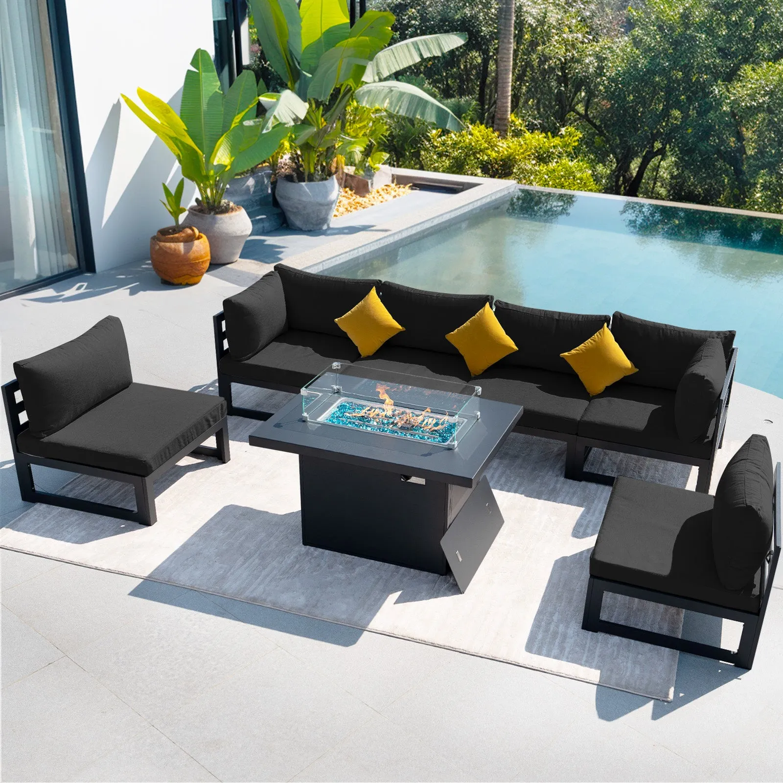 NICESOUL Aluminum Patio Sofa with Fire Pit 6 Seater 7-Piece