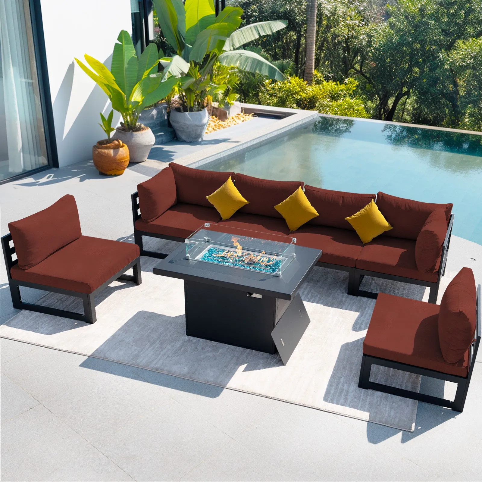 NICESOUL Aluminum Patio Sofa with Fire Pit 6 Seater 7-Piece