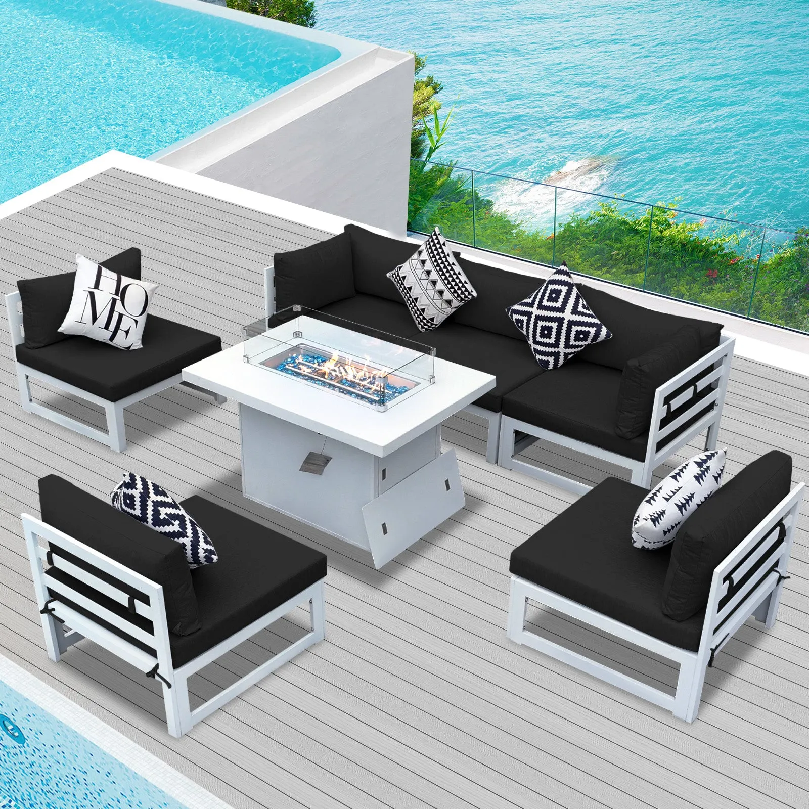 NICESOUL Aluminum Patio Sofa with Fire Pit 6 Seater 7-Piece