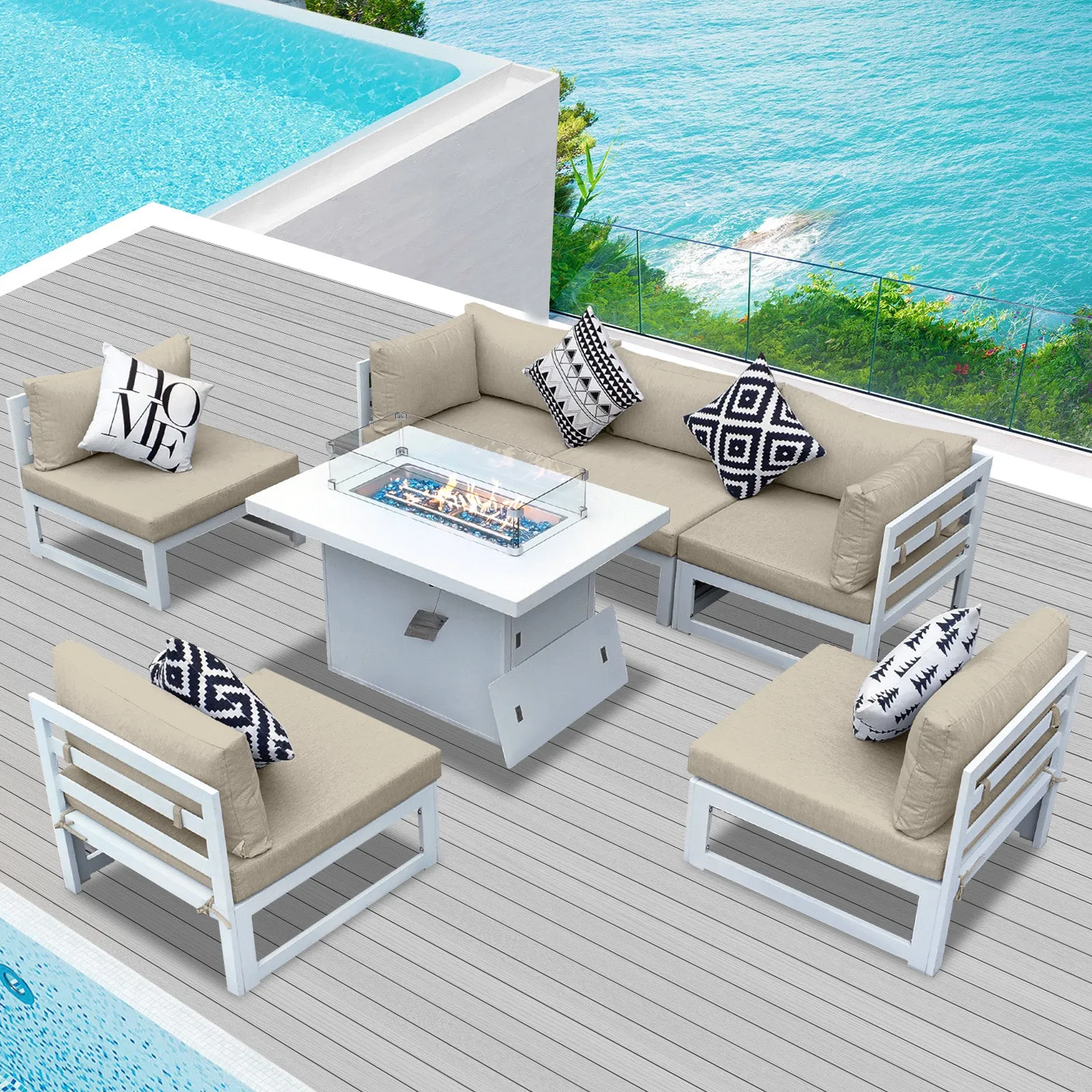 NICESOUL Aluminum Patio Sofa with Fire Pit 6 Seater 7-Piece