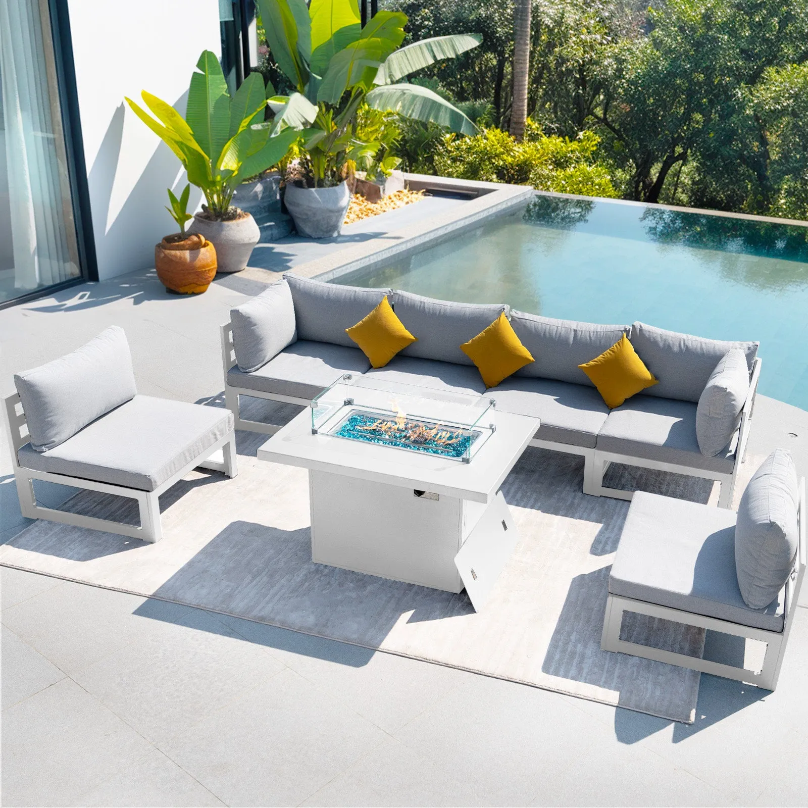 NICESOUL Aluminum Patio Sofa with Fire Pit 6 Seater 7-Piece