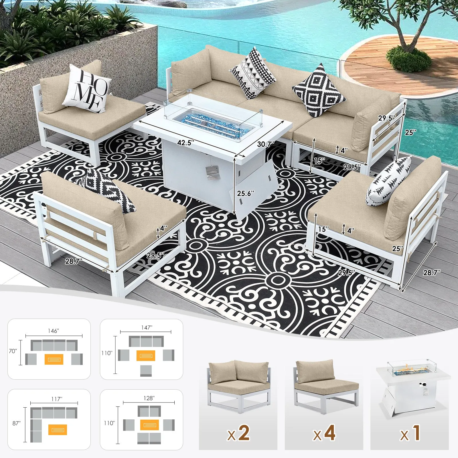 NICESOUL Aluminum Patio Sofa with Fire Pit 6 Seater 7-Piece