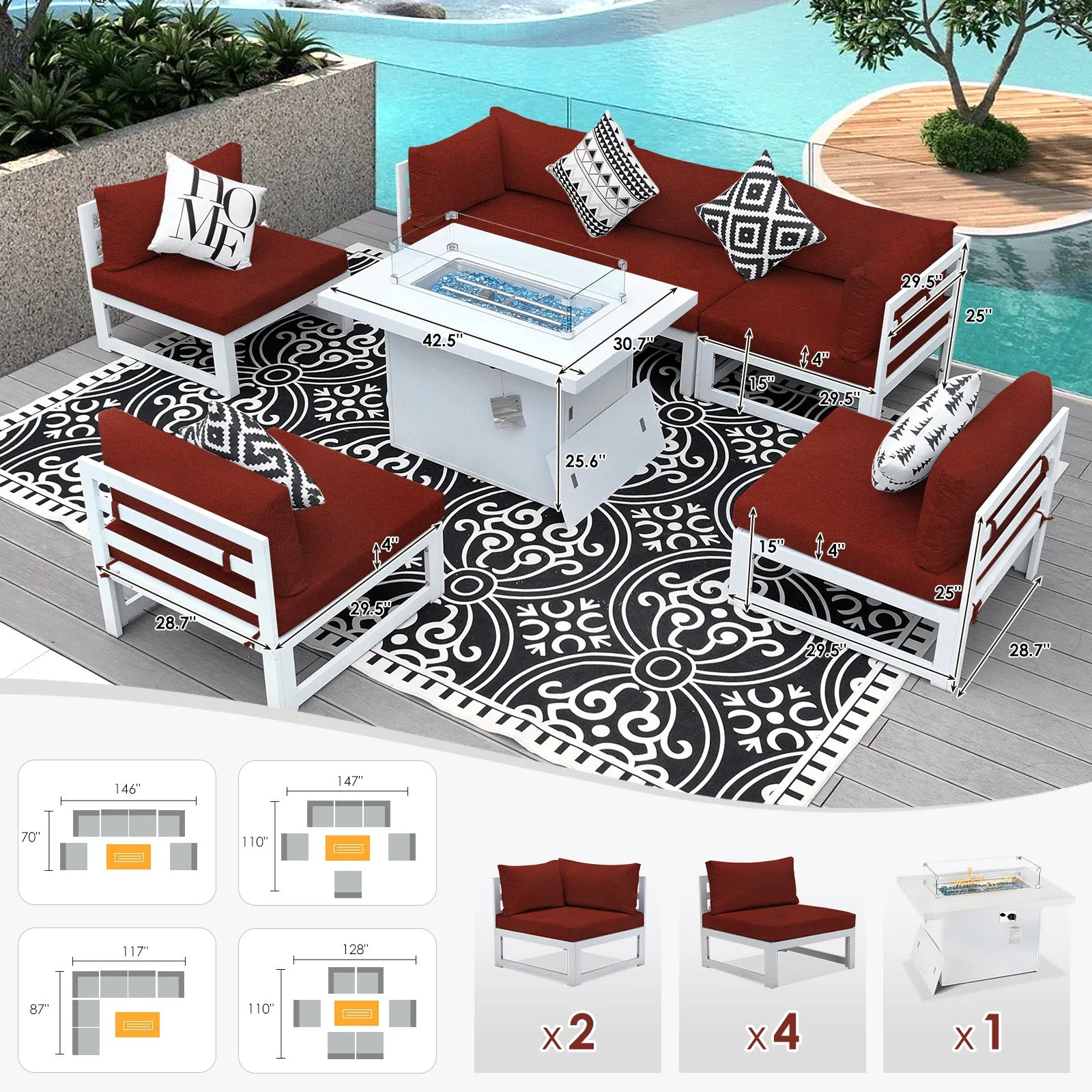 NICESOUL Aluminum Patio Sofa with Fire Pit 6 Seater 7-Piece