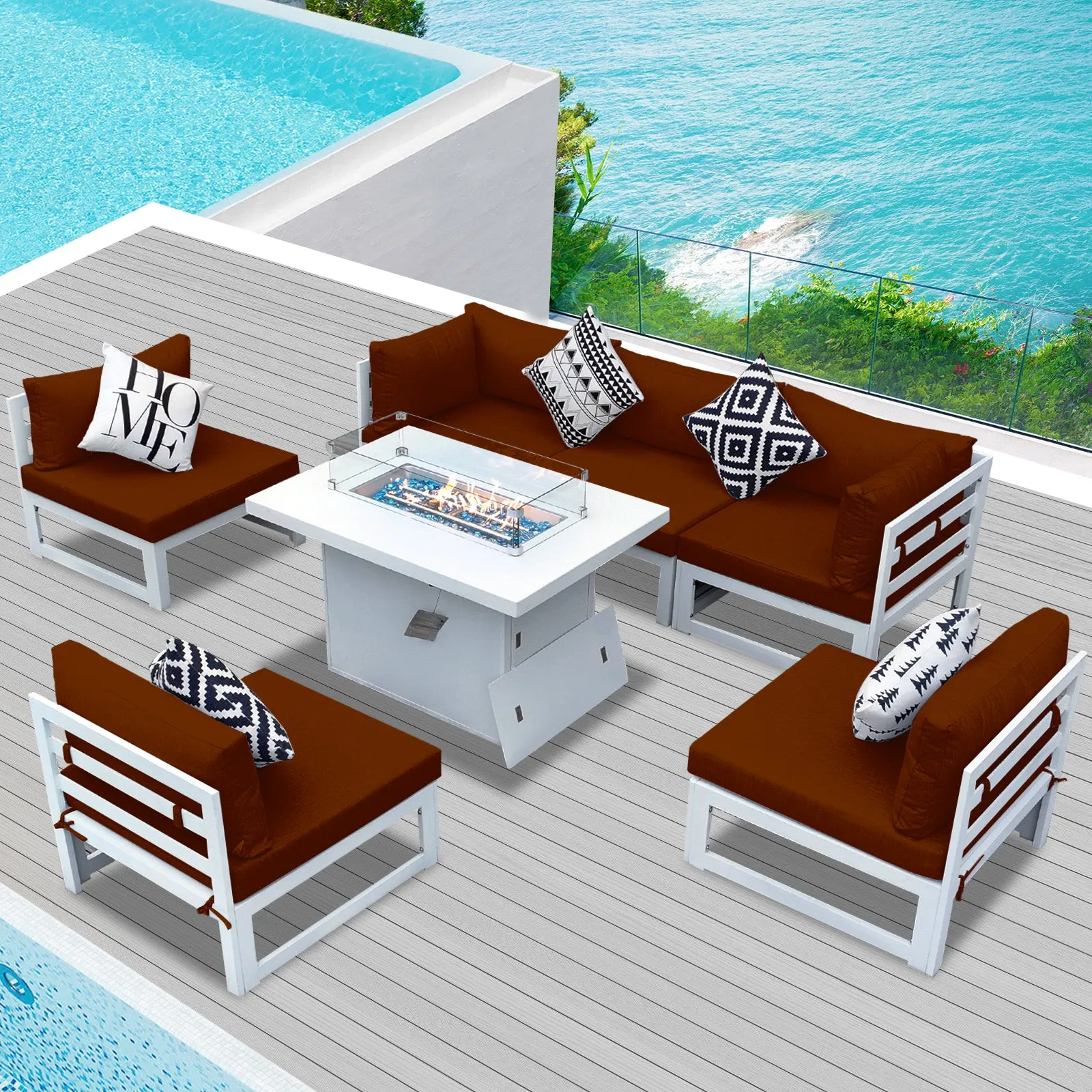 NICESOUL Aluminum Patio Sofa with Fire Pit 6 Seater 7-Piece