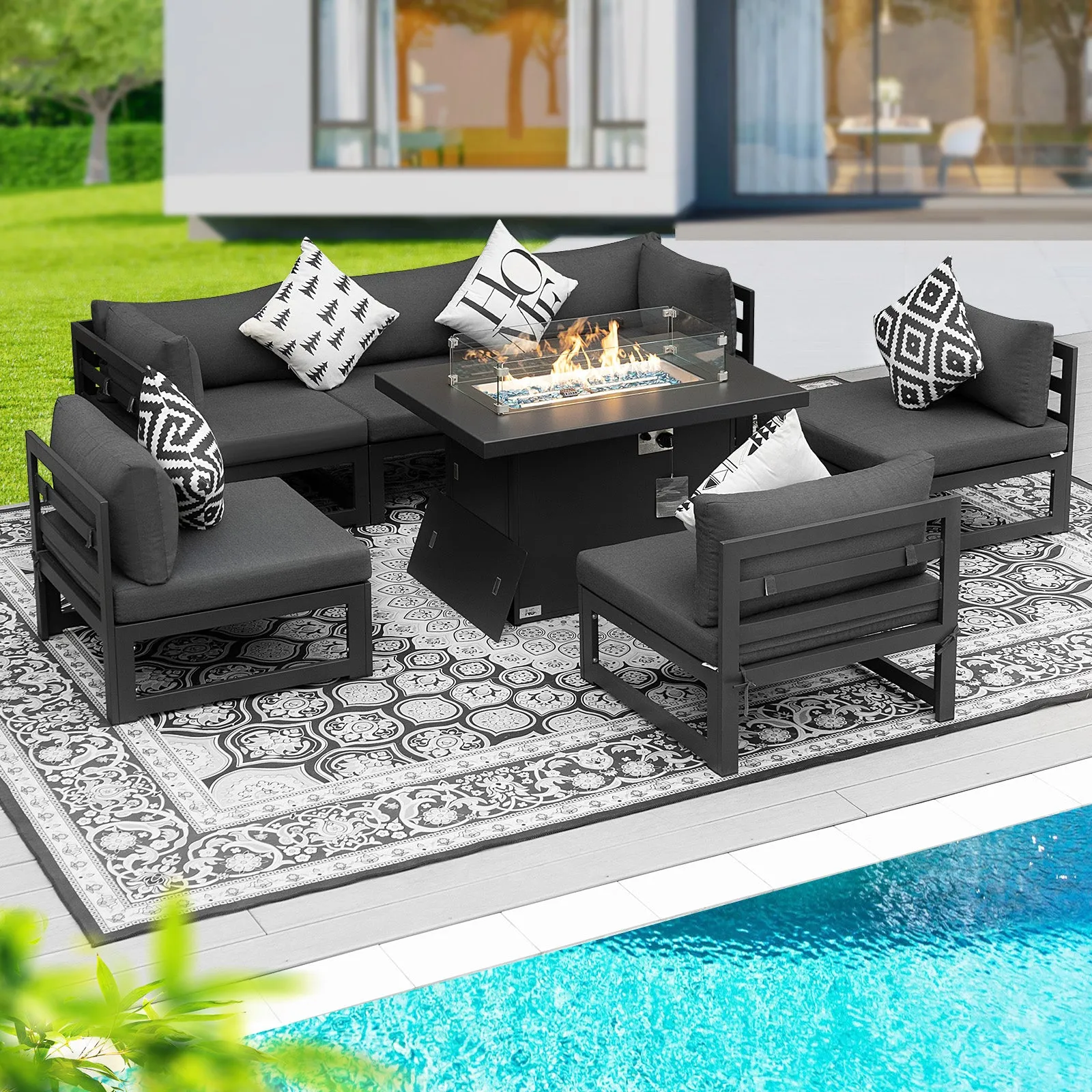 NICESOUL Aluminum Patio Sofa with Fire Pit 6 Seater 7-Piece