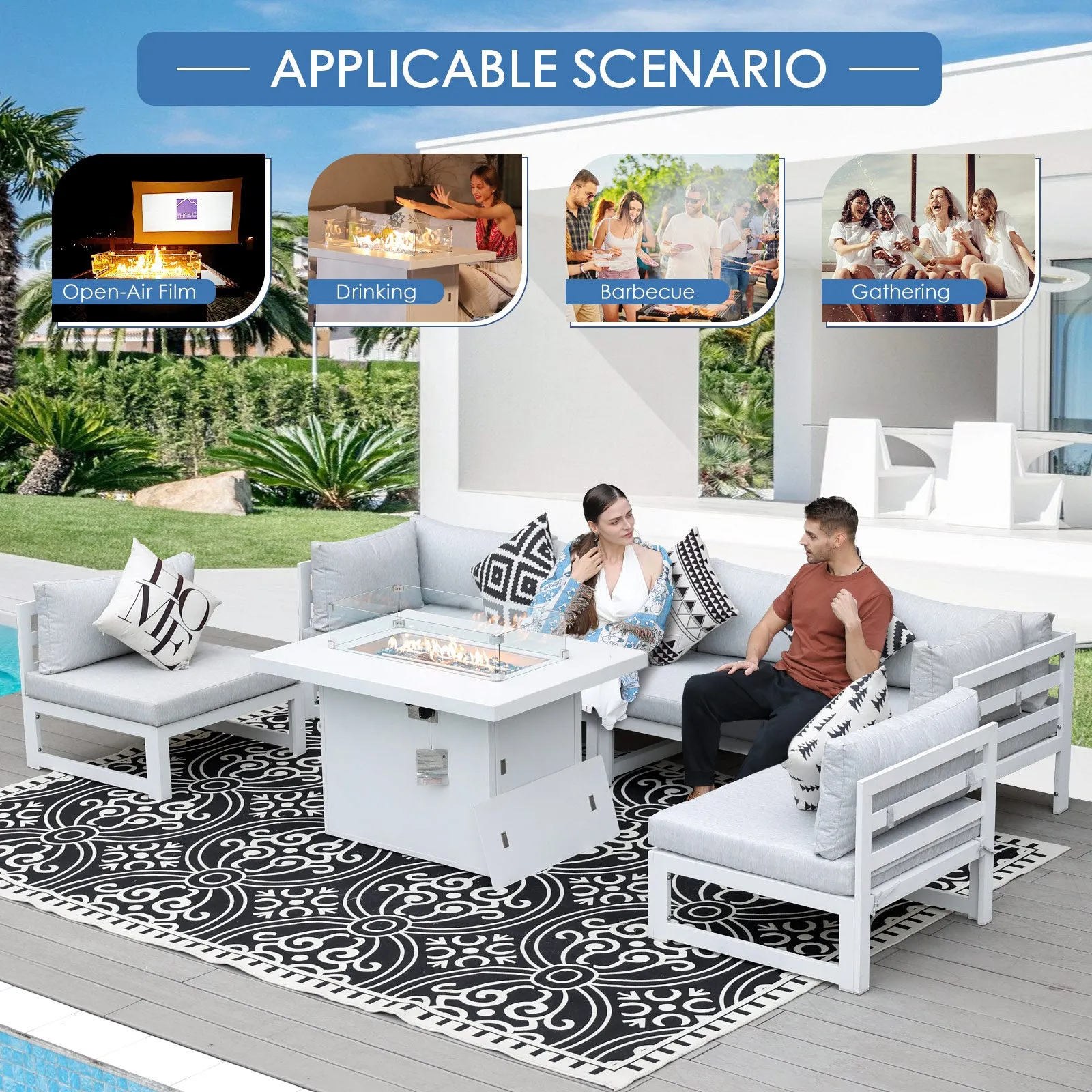 NICESOUL Aluminum Patio Sofa with Fire Pit 6 Seater 7-Piece
