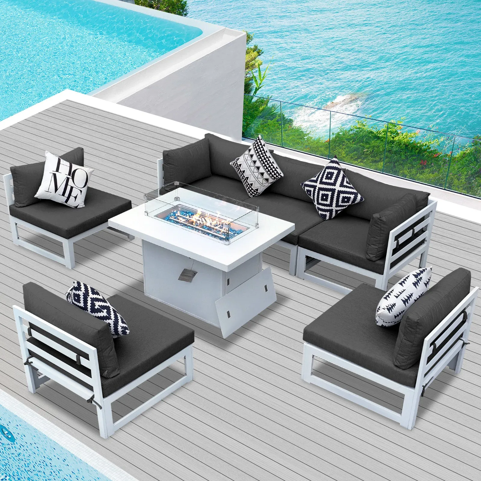 NICESOUL Aluminum Patio Sofa with Fire Pit 6 Seater 7-Piece
