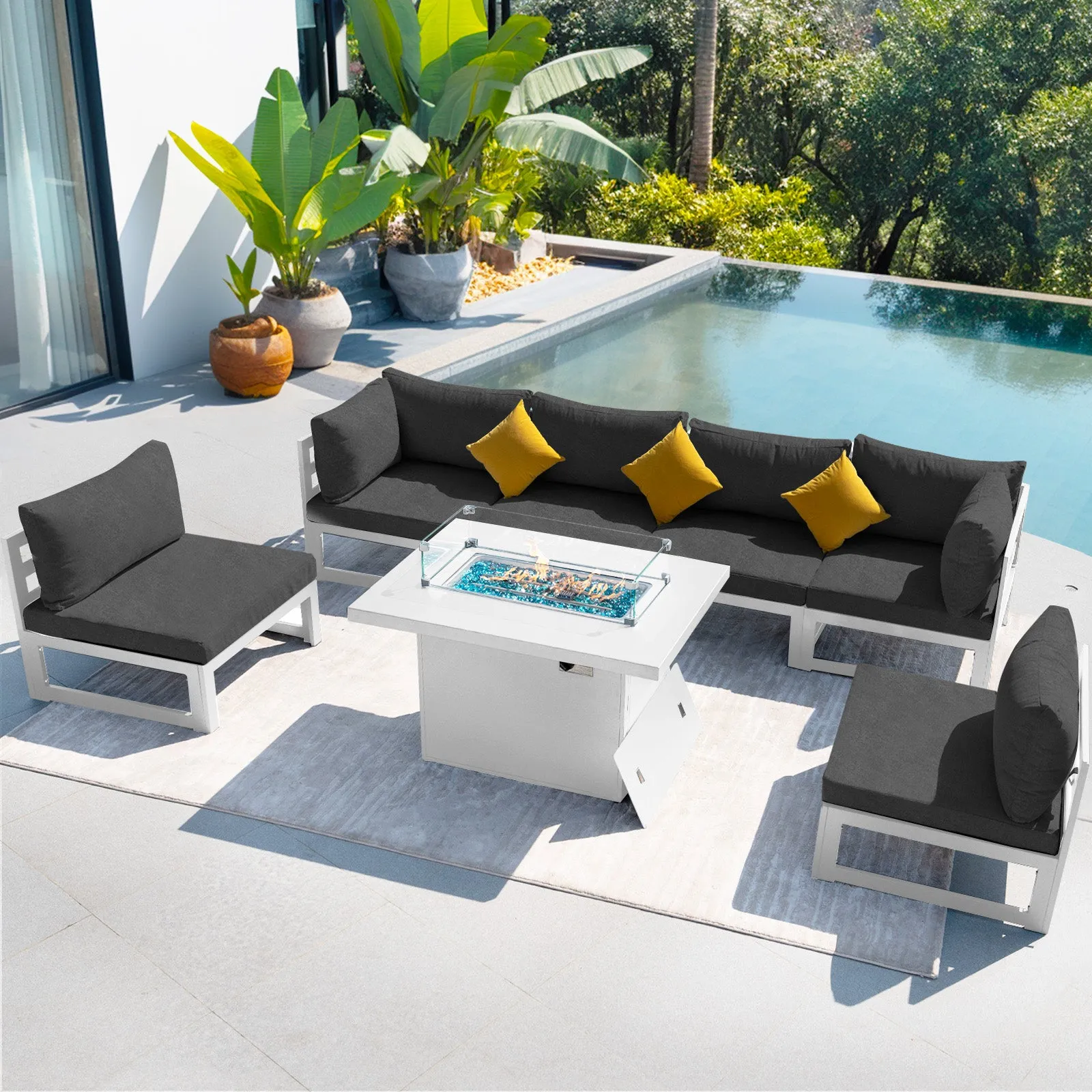 NICESOUL Aluminum Patio Sofa with Fire Pit 6 Seater 7-Piece