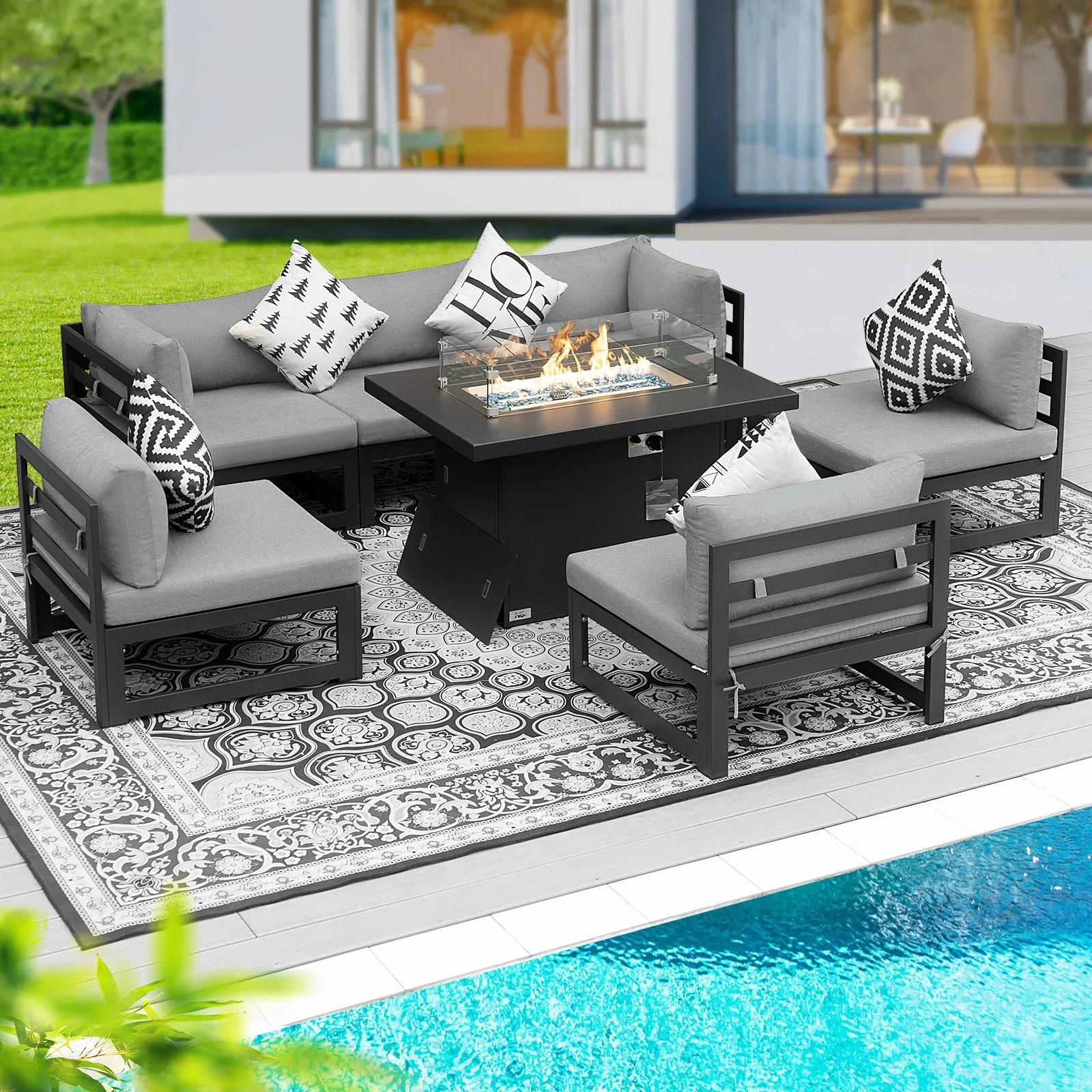 NICESOUL Aluminum Patio Sofa with Fire Pit 6 Seater 7-Piece