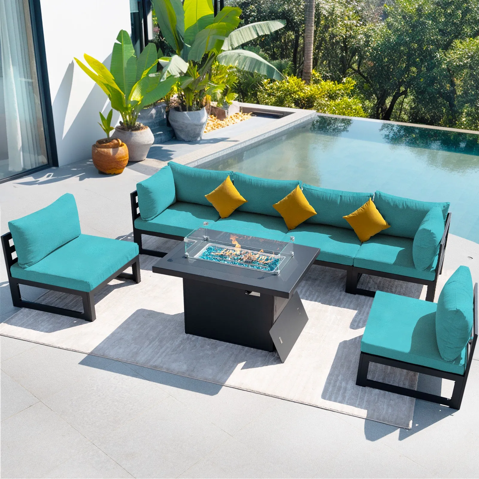 NICESOUL Aluminum Patio Sofa with Fire Pit 6 Seater 7-Piece