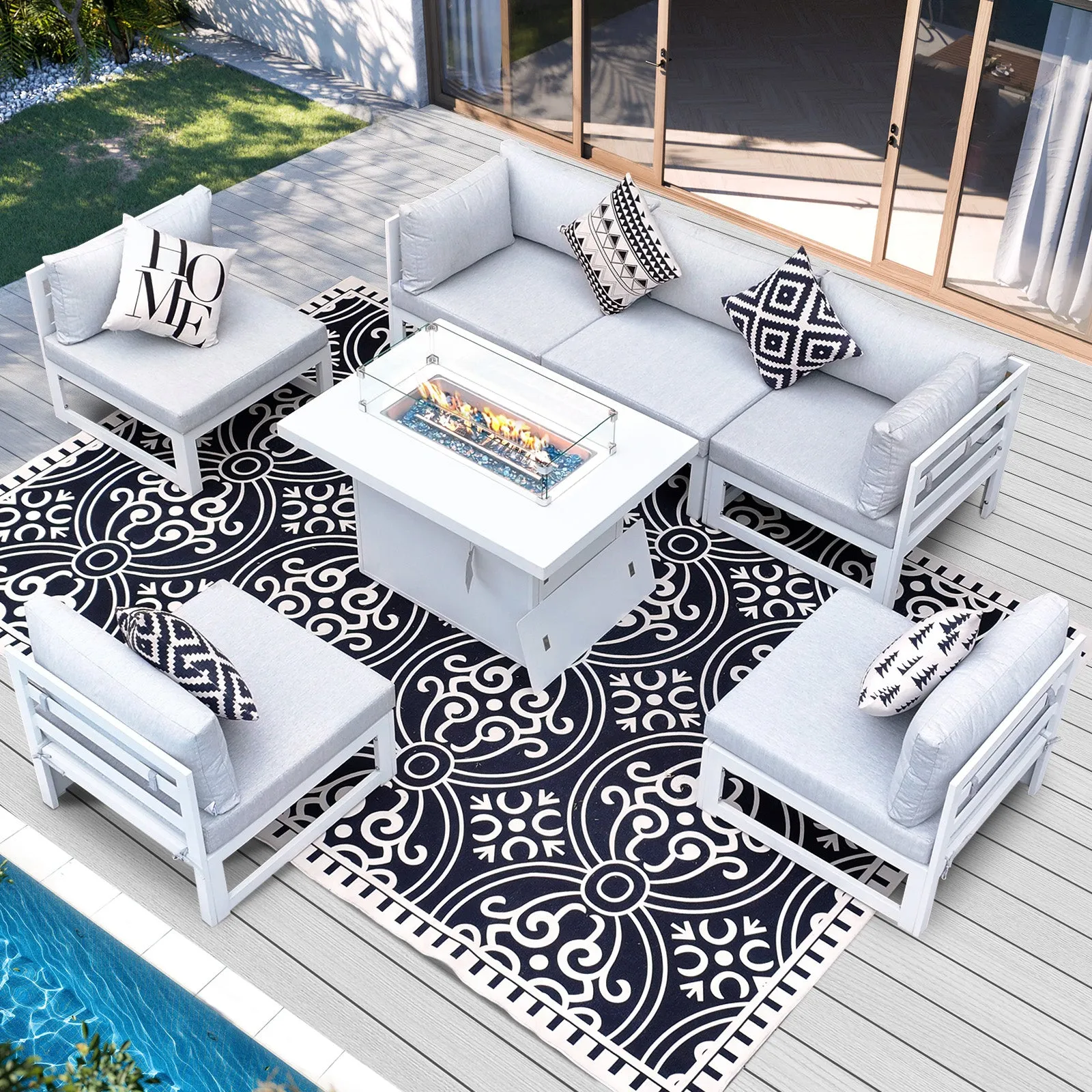 NICESOUL Aluminum Patio Sofa with Fire Pit 6 Seater 7-Piece