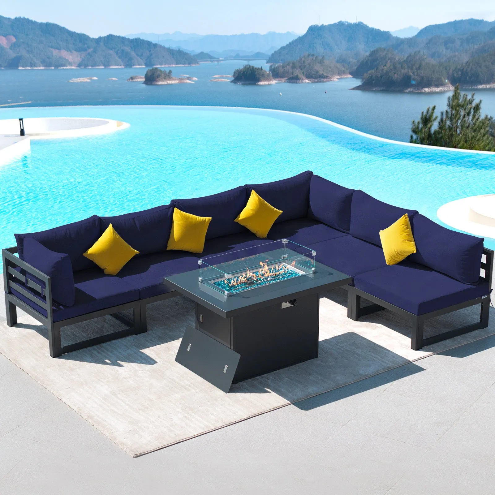 NICESOUL Aluminum Patio Sofa with Fire Pit 6 Seater 7-Piece