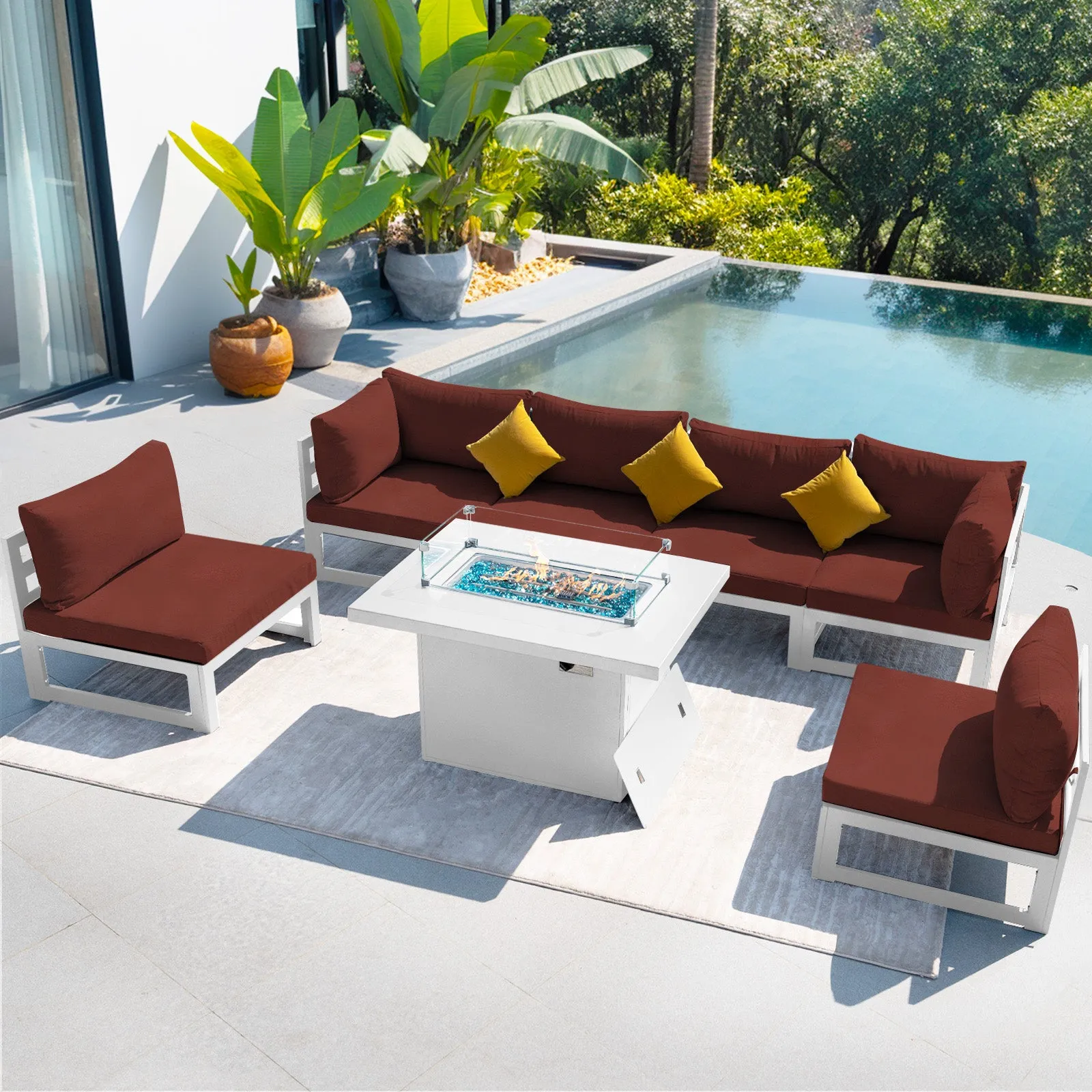 NICESOUL Aluminum Patio Sofa with Fire Pit 6 Seater 7-Piece