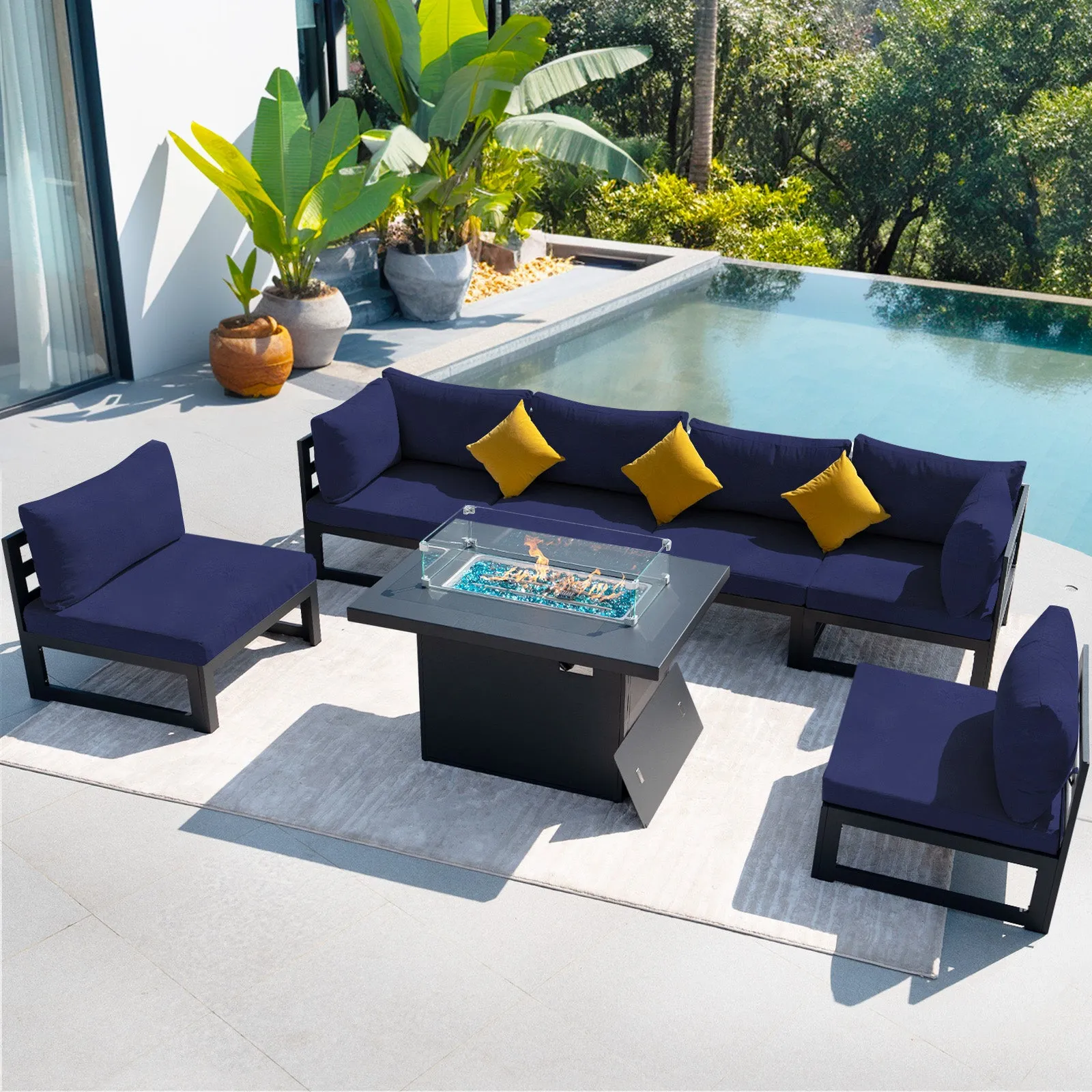 NICESOUL Aluminum Patio Sofa with Fire Pit 6 Seater 7-Piece