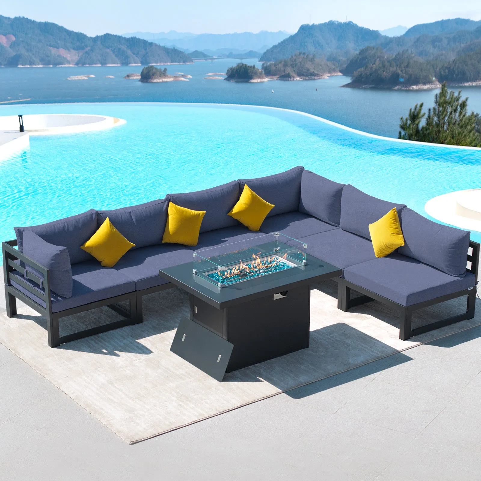 NICESOUL Aluminum Patio Sofa with Fire Pit 6 Seater 7-Piece