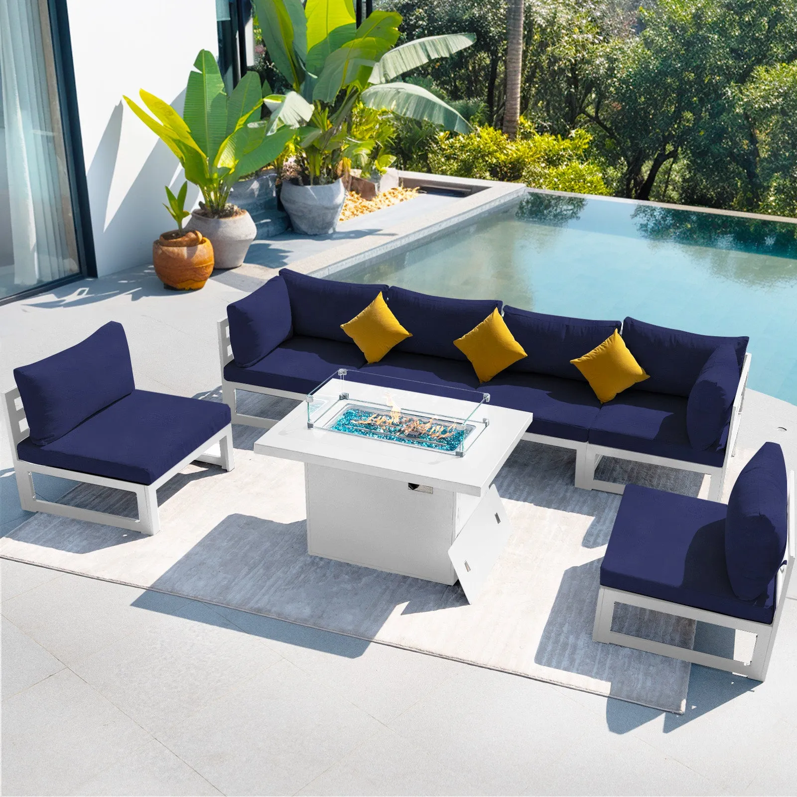 NICESOUL Aluminum Patio Sofa with Fire Pit 6 Seater 7-Piece