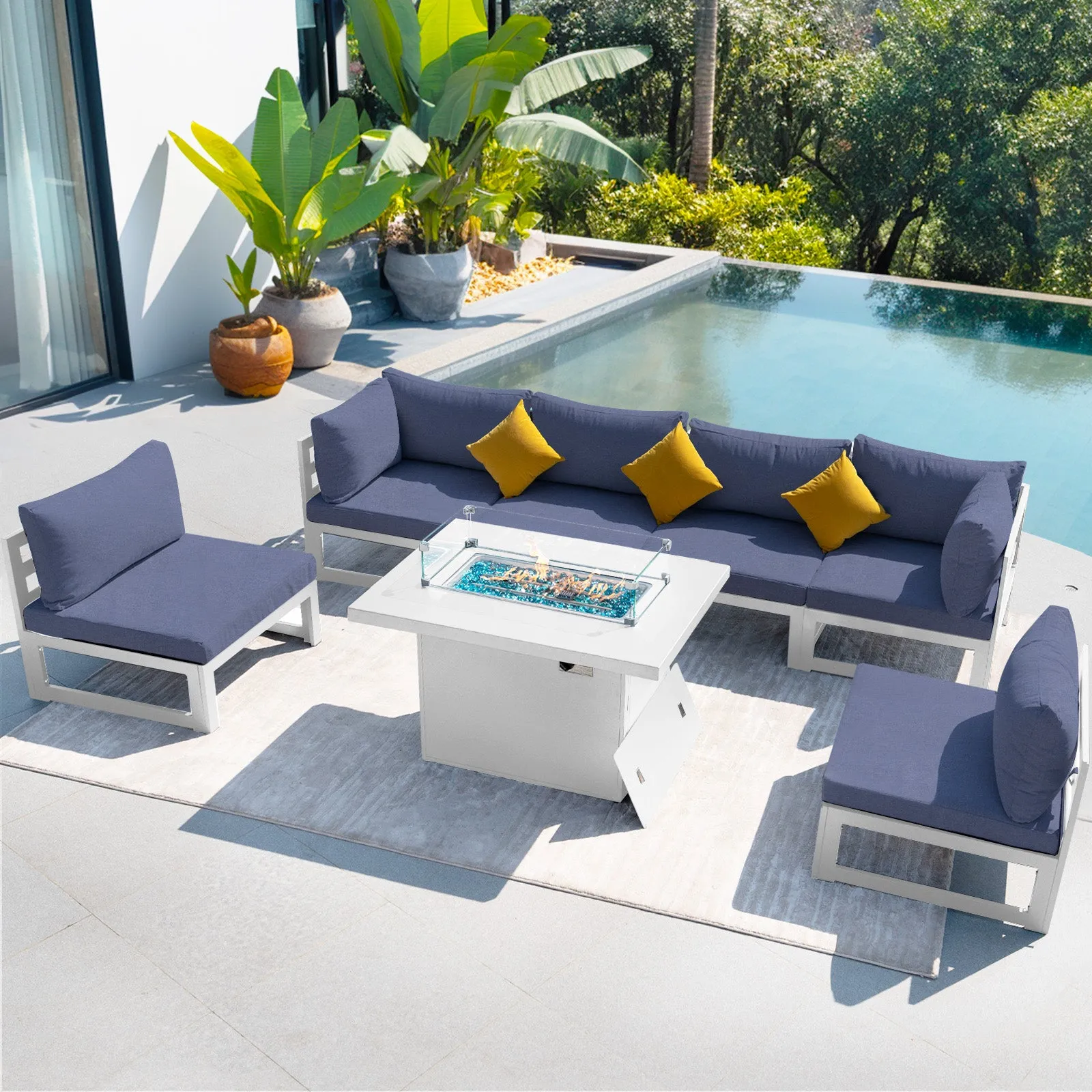 NICESOUL Aluminum Patio Sofa with Fire Pit 6 Seater 7-Piece