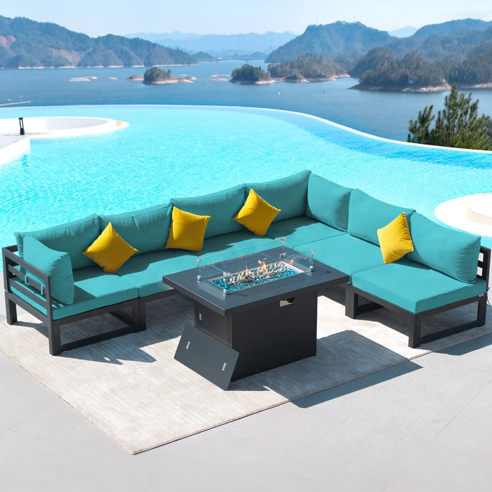 NICESOUL Aluminum Patio Sofa with Fire Pit 6 Seater 7-Piece