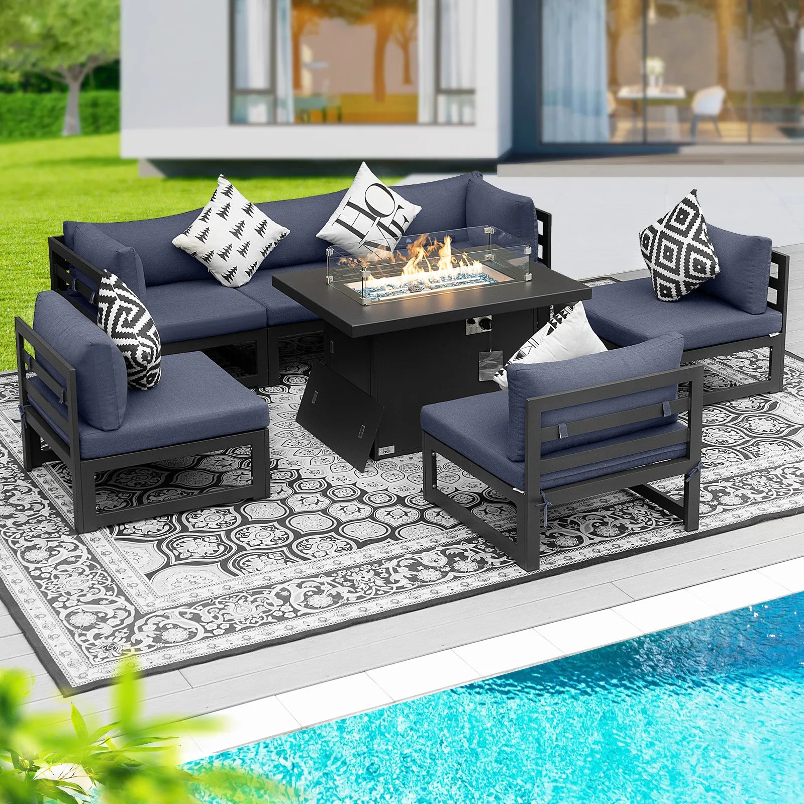 NICESOUL Aluminum Patio Sofa with Fire Pit 6 Seater 7-Piece