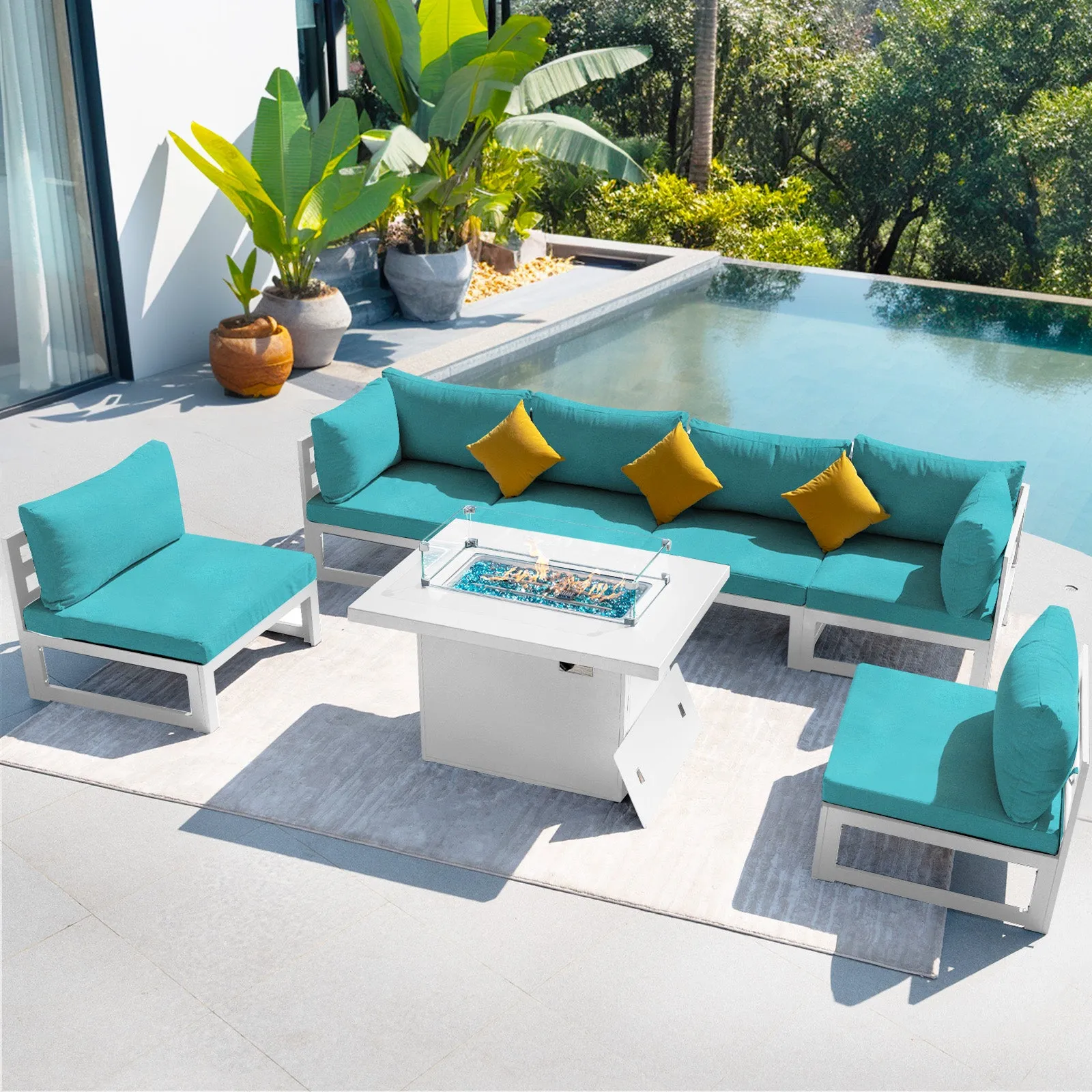 NICESOUL Aluminum Patio Sofa with Fire Pit 6 Seater 7-Piece