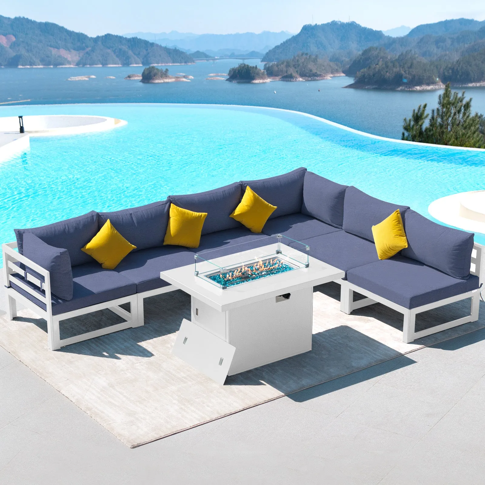 NICESOUL Aluminum Patio Sofa with Fire Pit 6 Seater 7-Piece