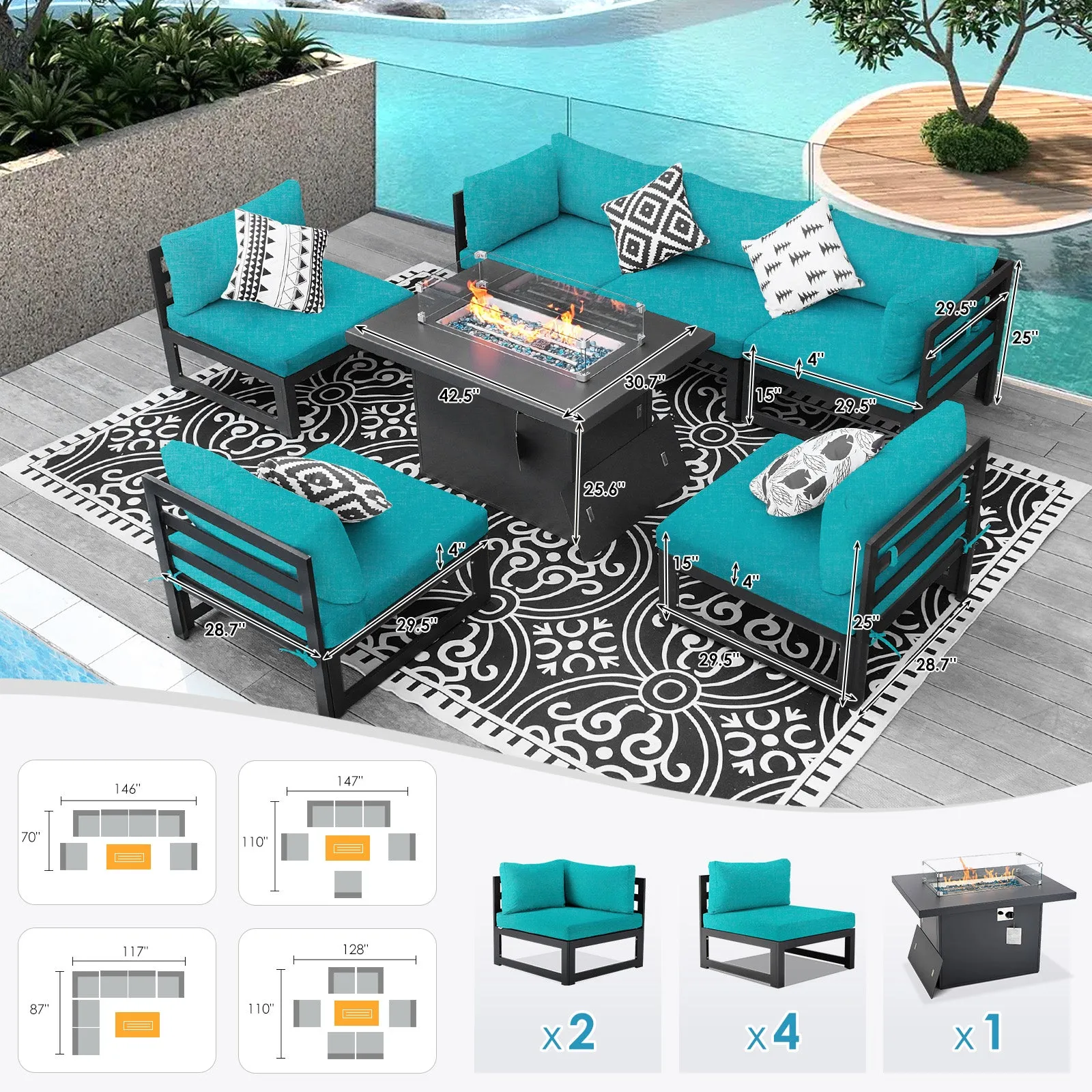 NICESOUL Aluminum Patio Sofa with Fire Pit 6 Seater 7-Piece