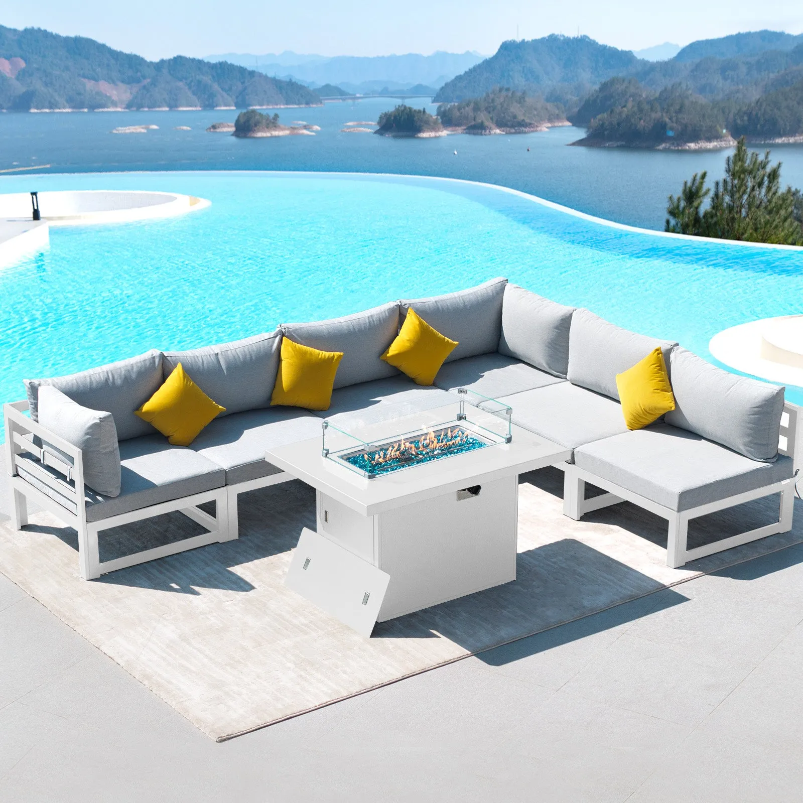 NICESOUL Aluminum Patio Sofa with Fire Pit 6 Seater 7-Piece