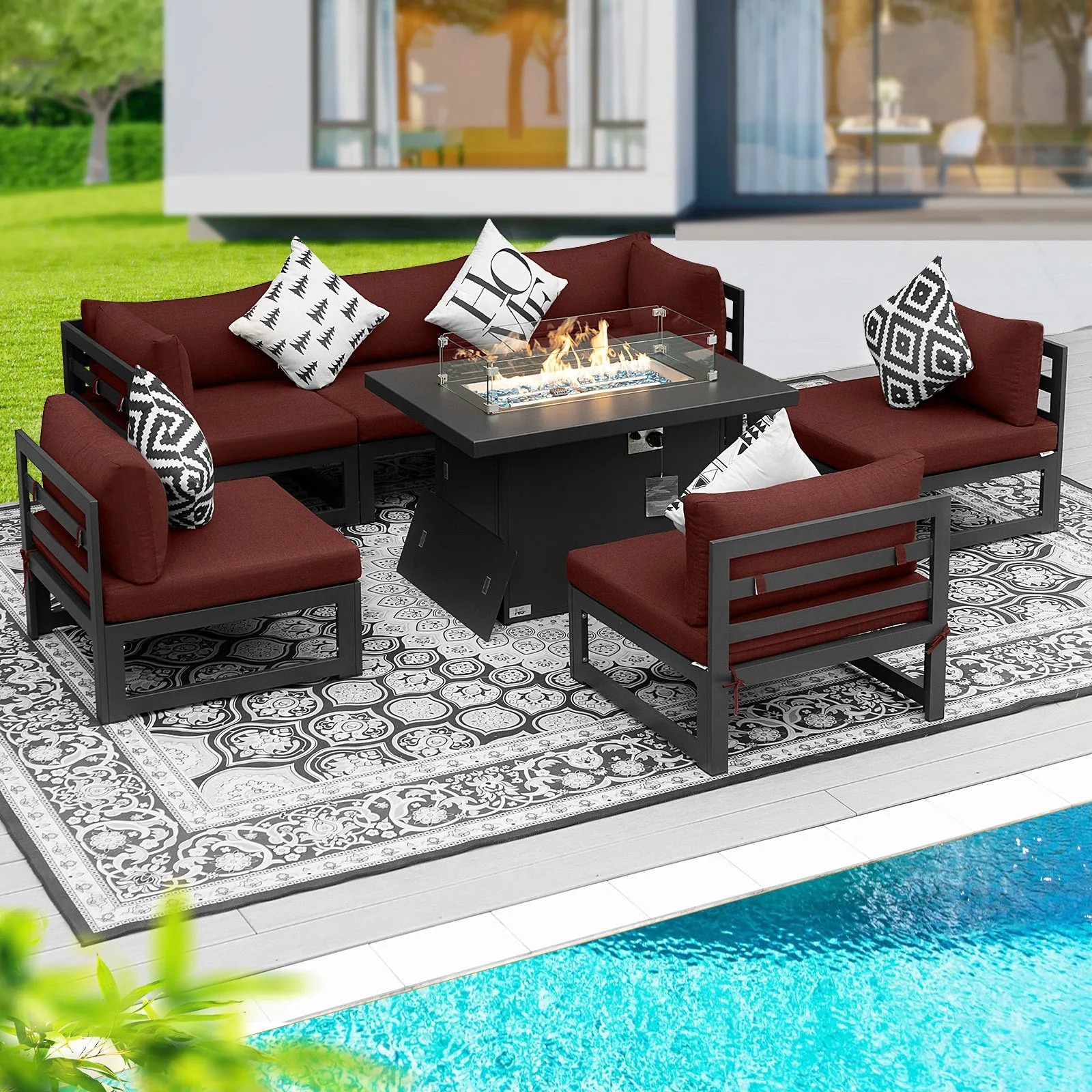 NICESOUL Aluminum Patio Sofa with Fire Pit 6 Seater 7-Piece