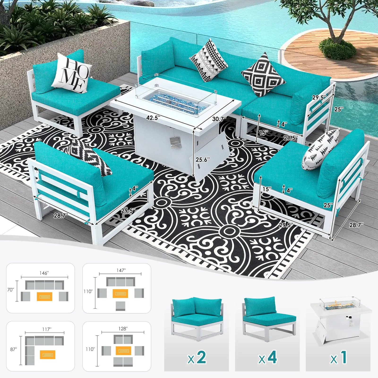 NICESOUL Aluminum Patio Sofa with Fire Pit 6 Seater 7-Piece