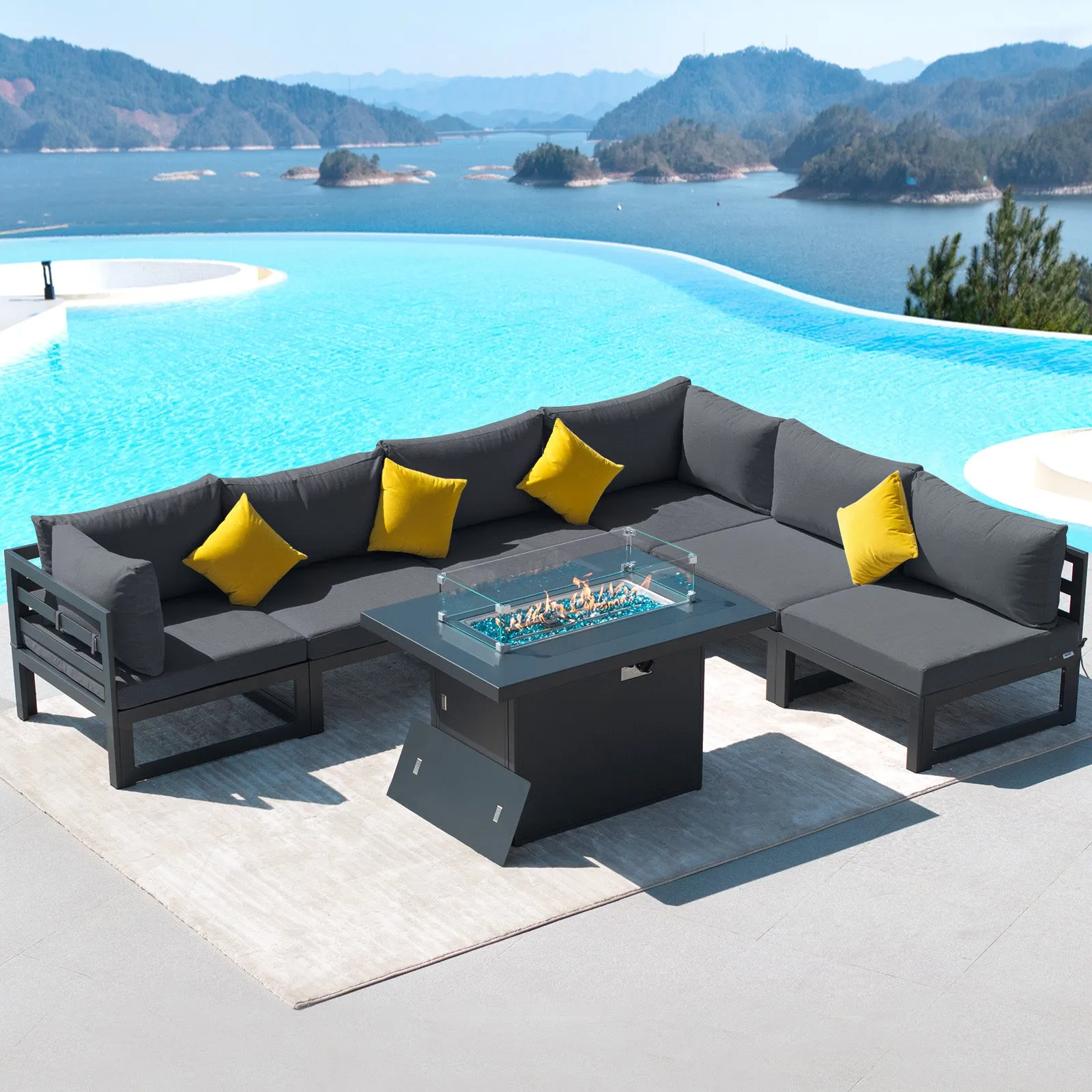 NICESOUL Aluminum Patio Sofa with Fire Pit 6 Seater 7-Piece