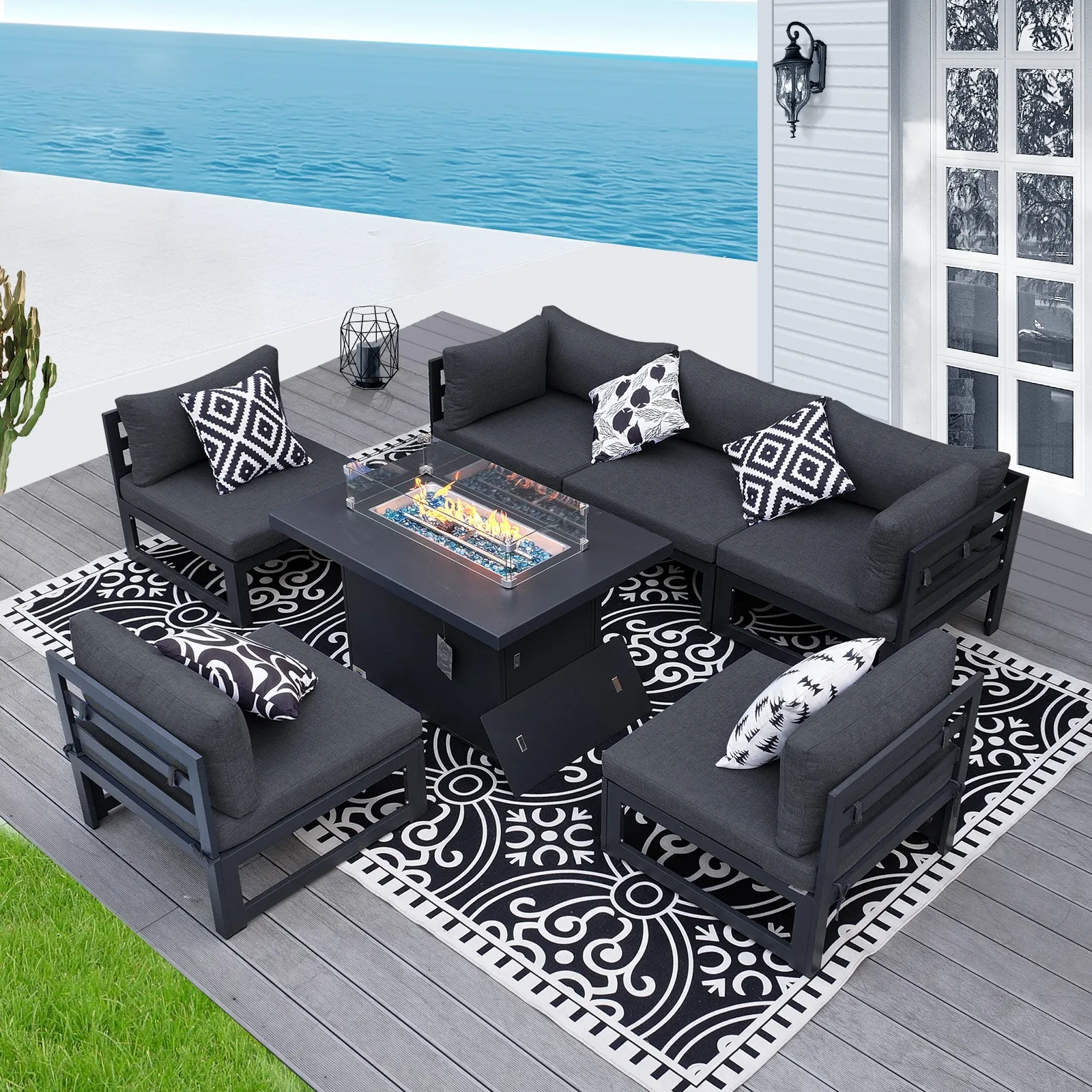 NICESOUL Aluminum Patio Sofa with Fire Pit 6 Seater 7-Piece
