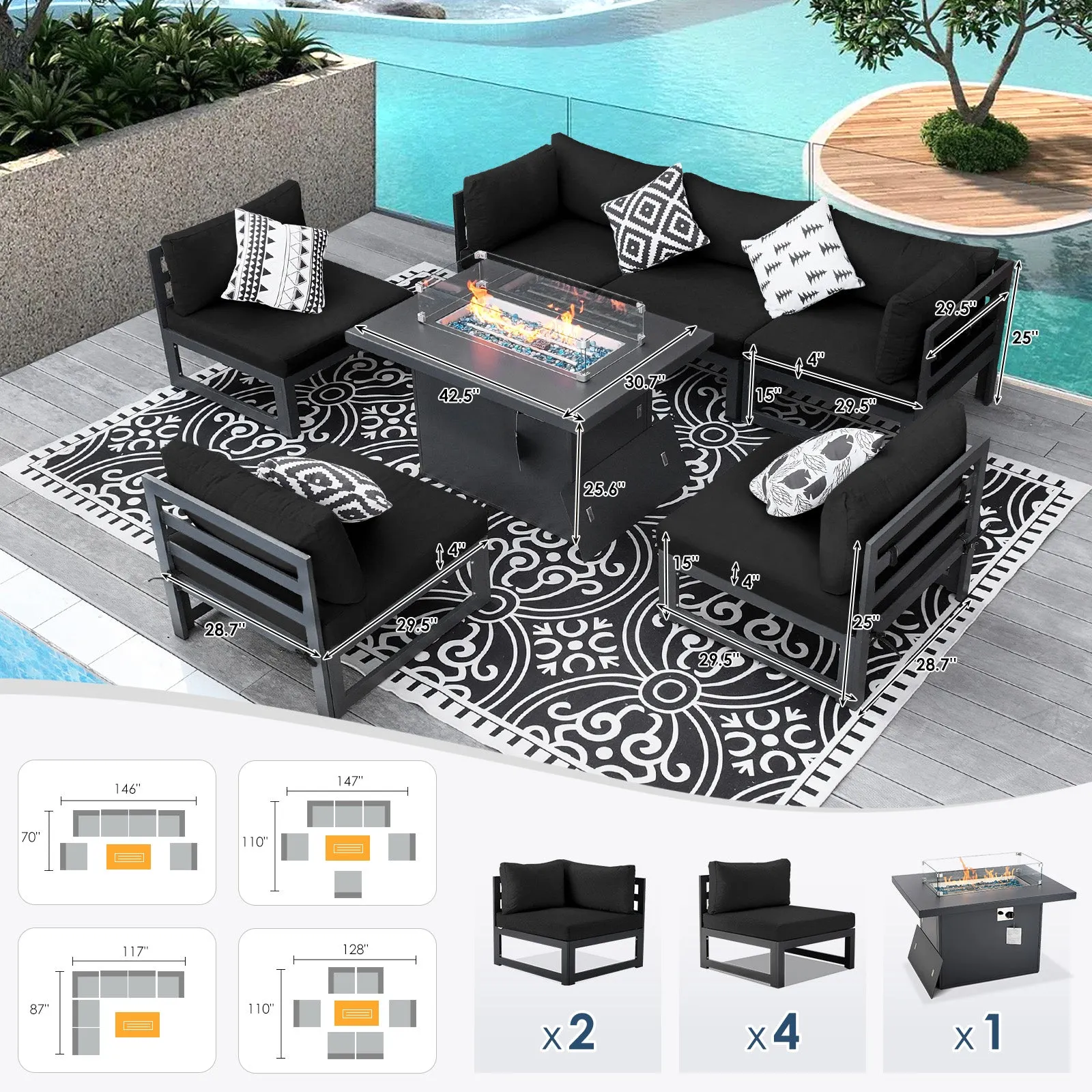 NICESOUL Aluminum Patio Sofa with Fire Pit 6 Seater 7-Piece