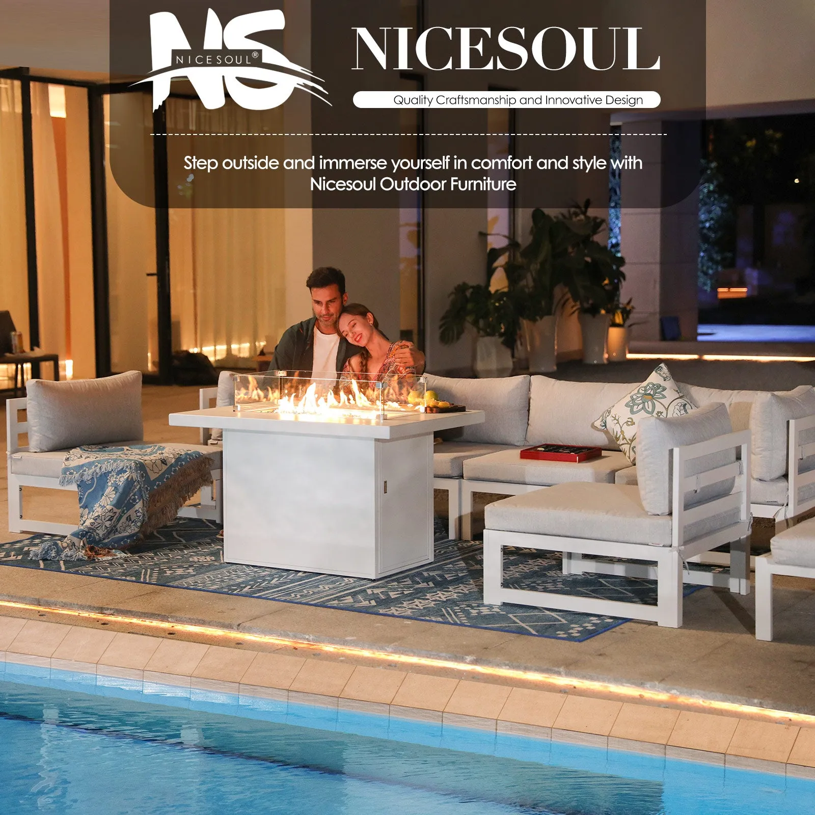 NICESOUL Aluminum Patio Sofa with Fire Pit 6 Seater 7-Piece
