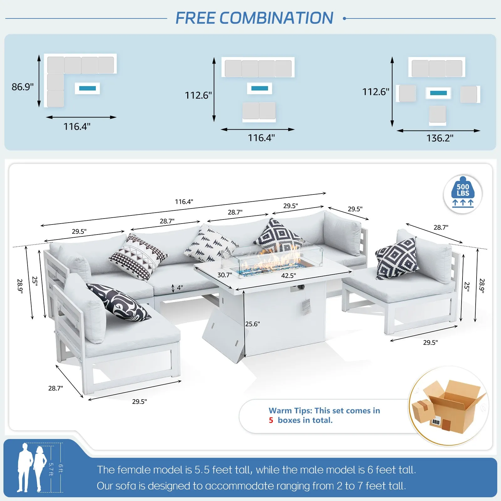 NICESOUL Aluminum Patio Sofa with Fire Pit 6 Seater 7-Piece