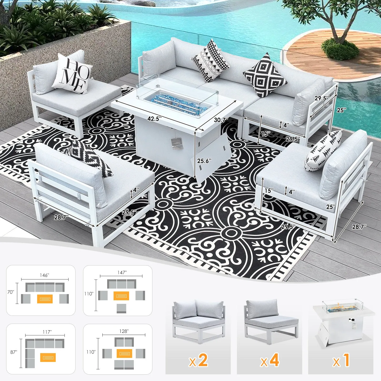 NICESOUL Aluminum Patio Sofa with Fire Pit 6 Seater 7-Piece