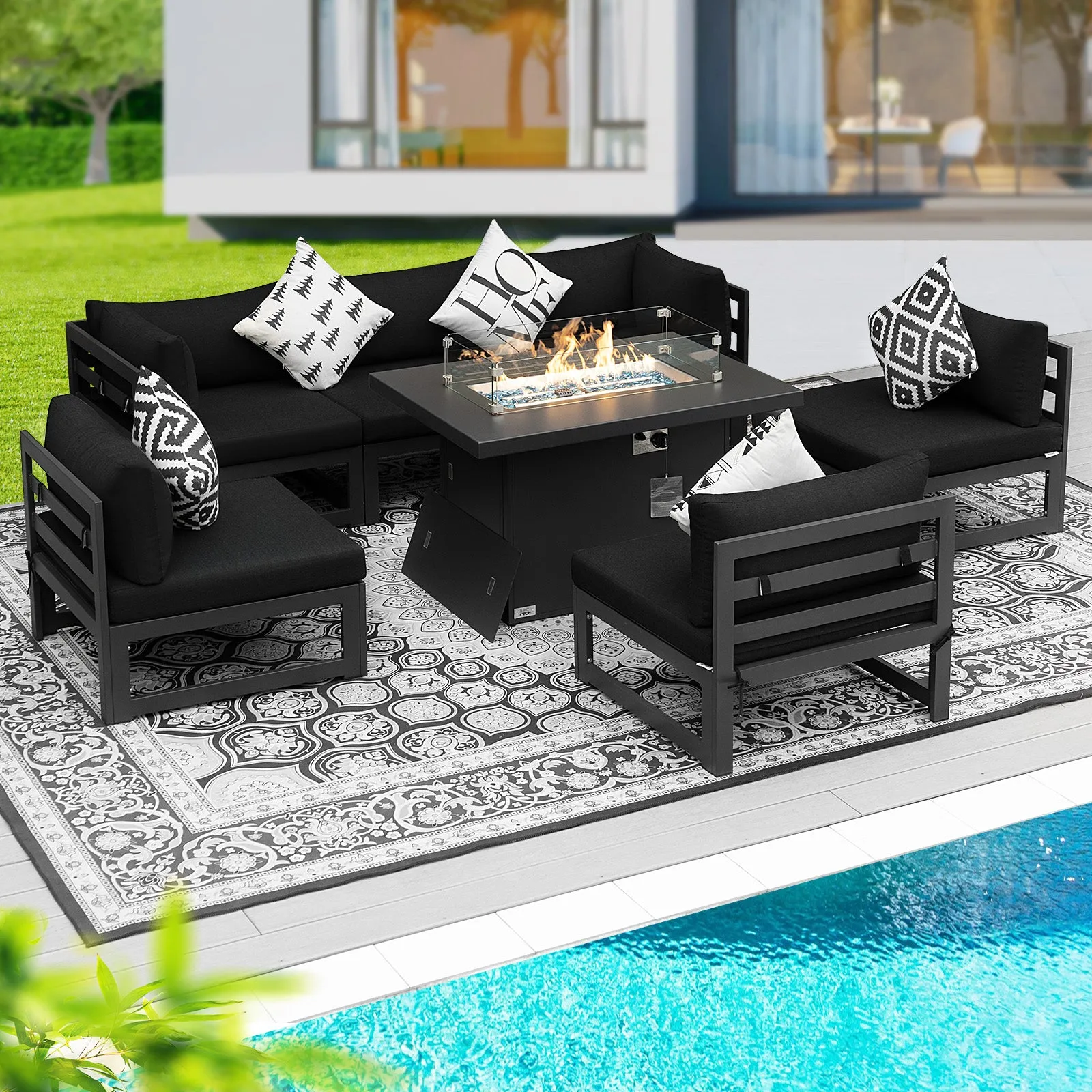 NICESOUL Aluminum Patio Sofa with Fire Pit 6 Seater 7-Piece