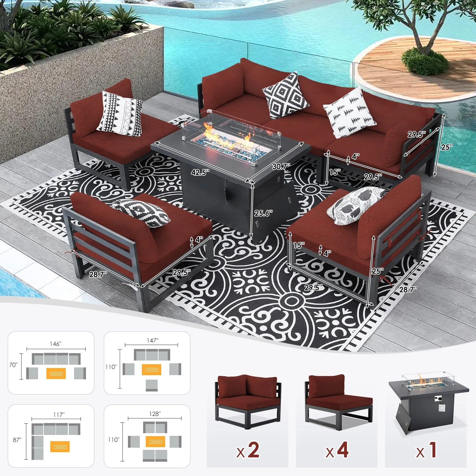 NICESOUL Aluminum Patio Sofa with Fire Pit 6 Seater 7-Piece