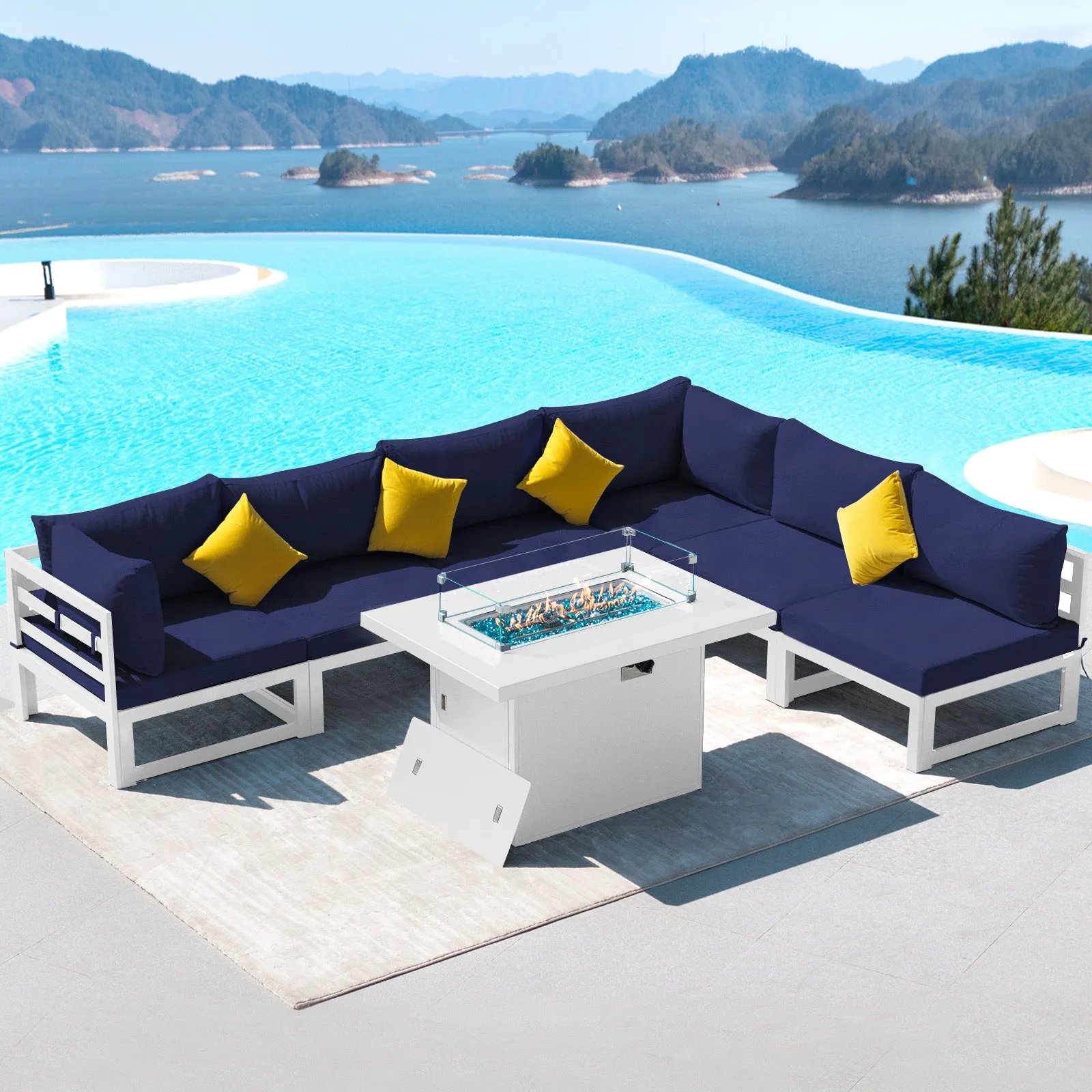 NICESOUL Aluminum Patio Sofa with Fire Pit 6 Seater 7-Piece