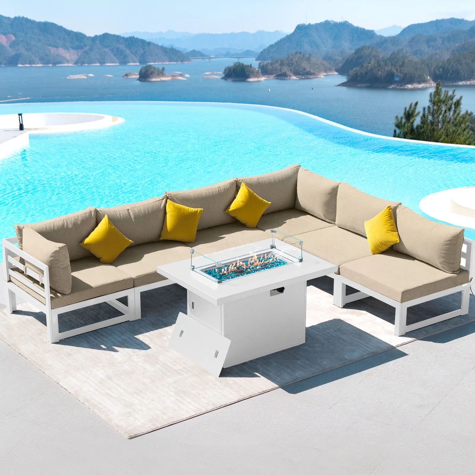 NICESOUL Aluminum Patio Sofa with Fire Pit 6 Seater 7-Piece