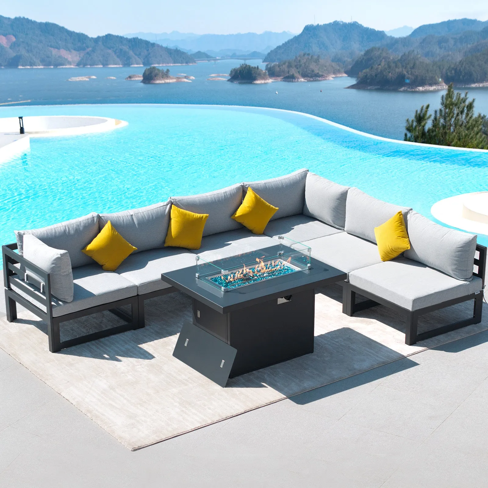 NICESOUL Aluminum Patio Sofa with Fire Pit 6 Seater 7-Piece