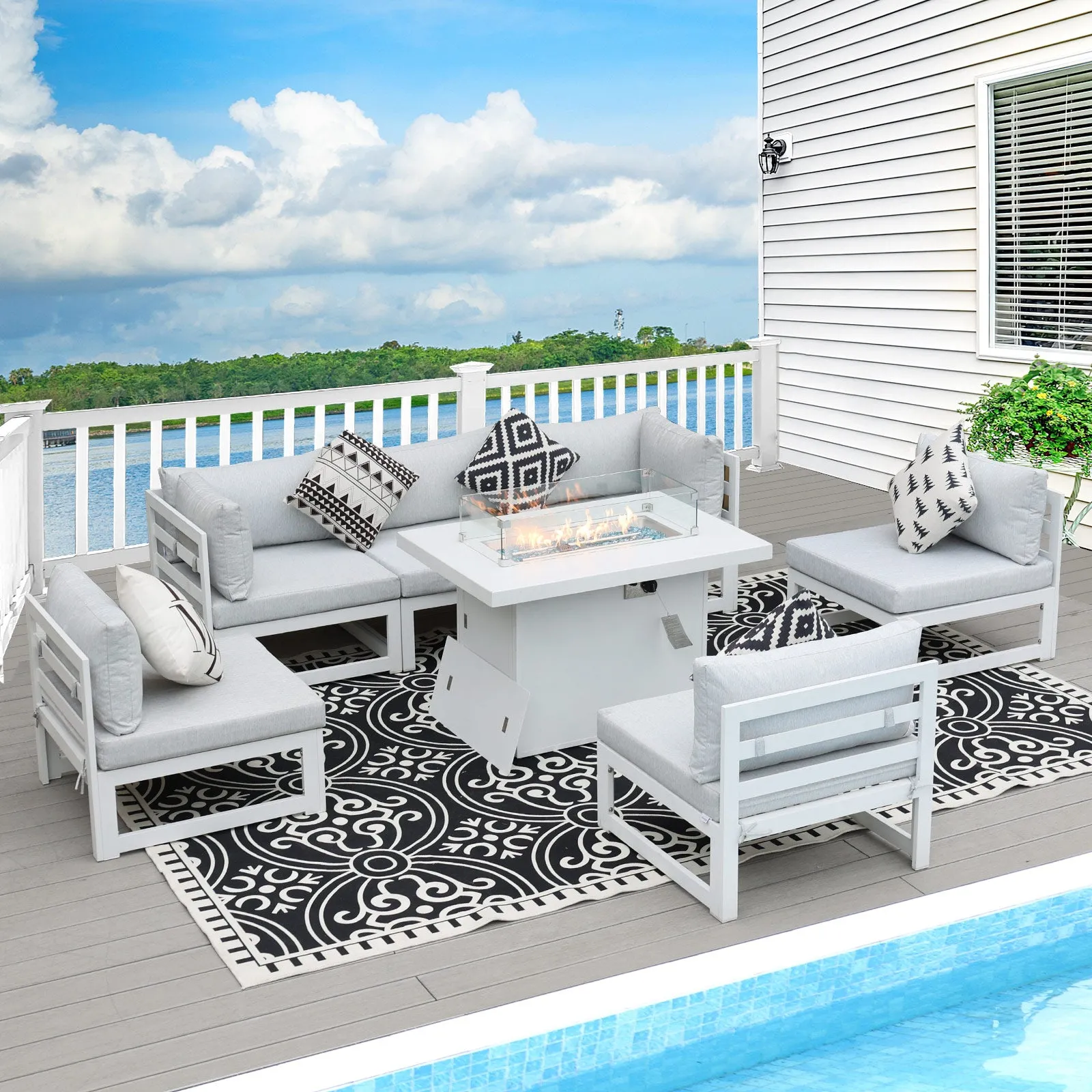 NICESOUL Aluminum Patio Sofa with Fire Pit 6 Seater 7-Piece