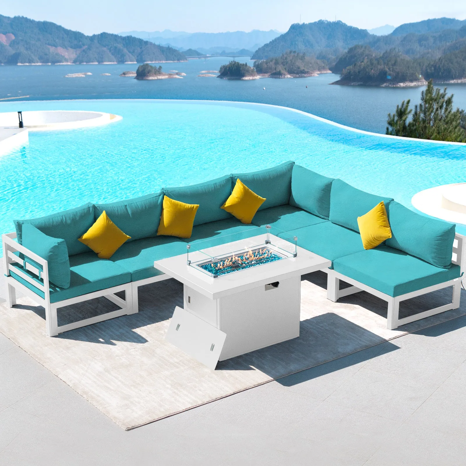 NICESOUL Aluminum Patio Sofa with Fire Pit 6 Seater 7-Piece