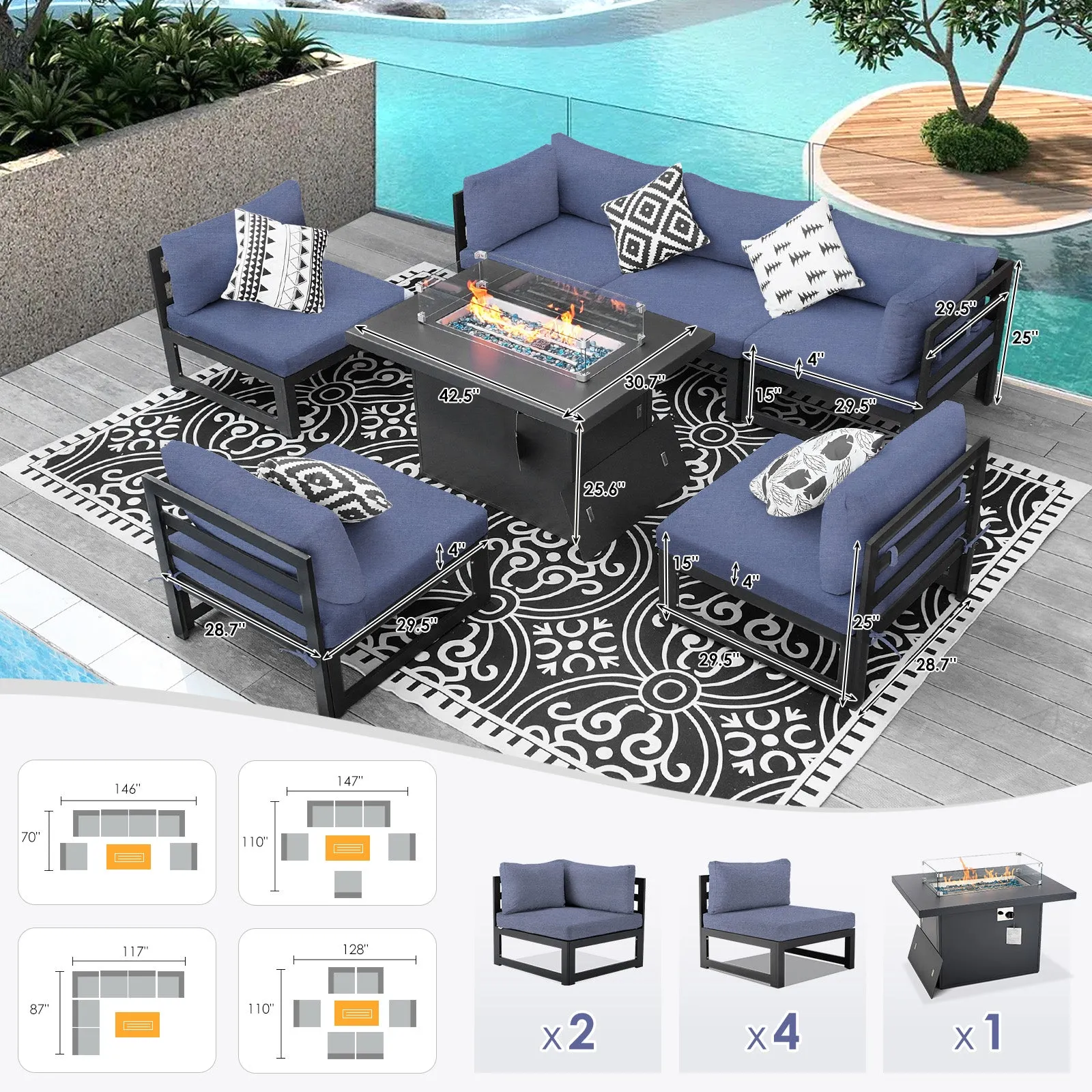 NICESOUL Aluminum Patio Sofa with Fire Pit 6 Seater 7-Piece
