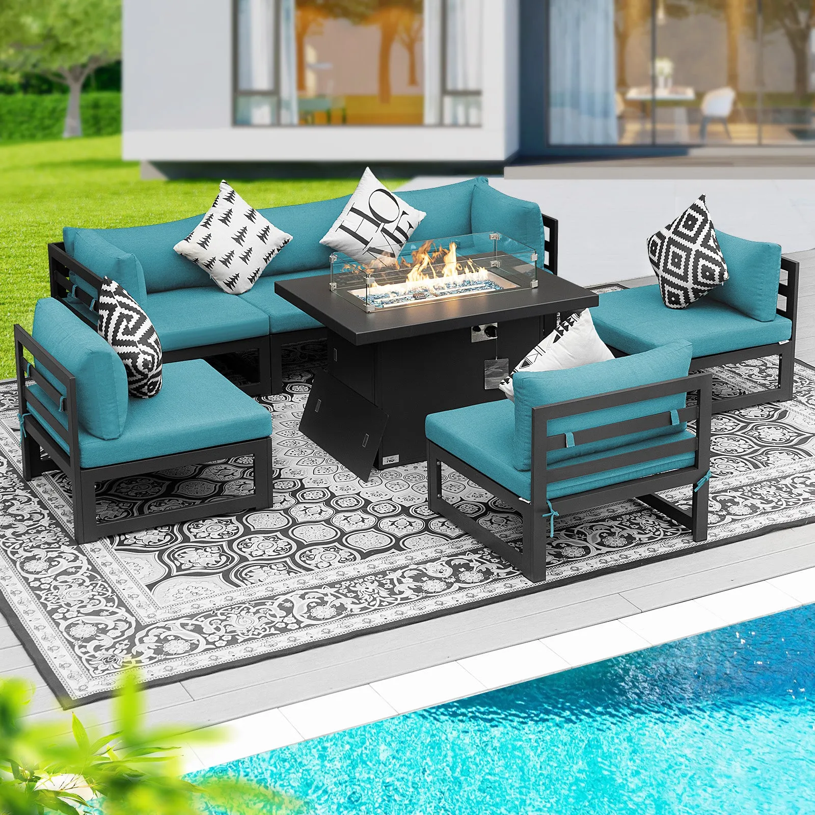 NICESOUL Aluminum Patio Sofa with Fire Pit 6 Seater 7-Piece