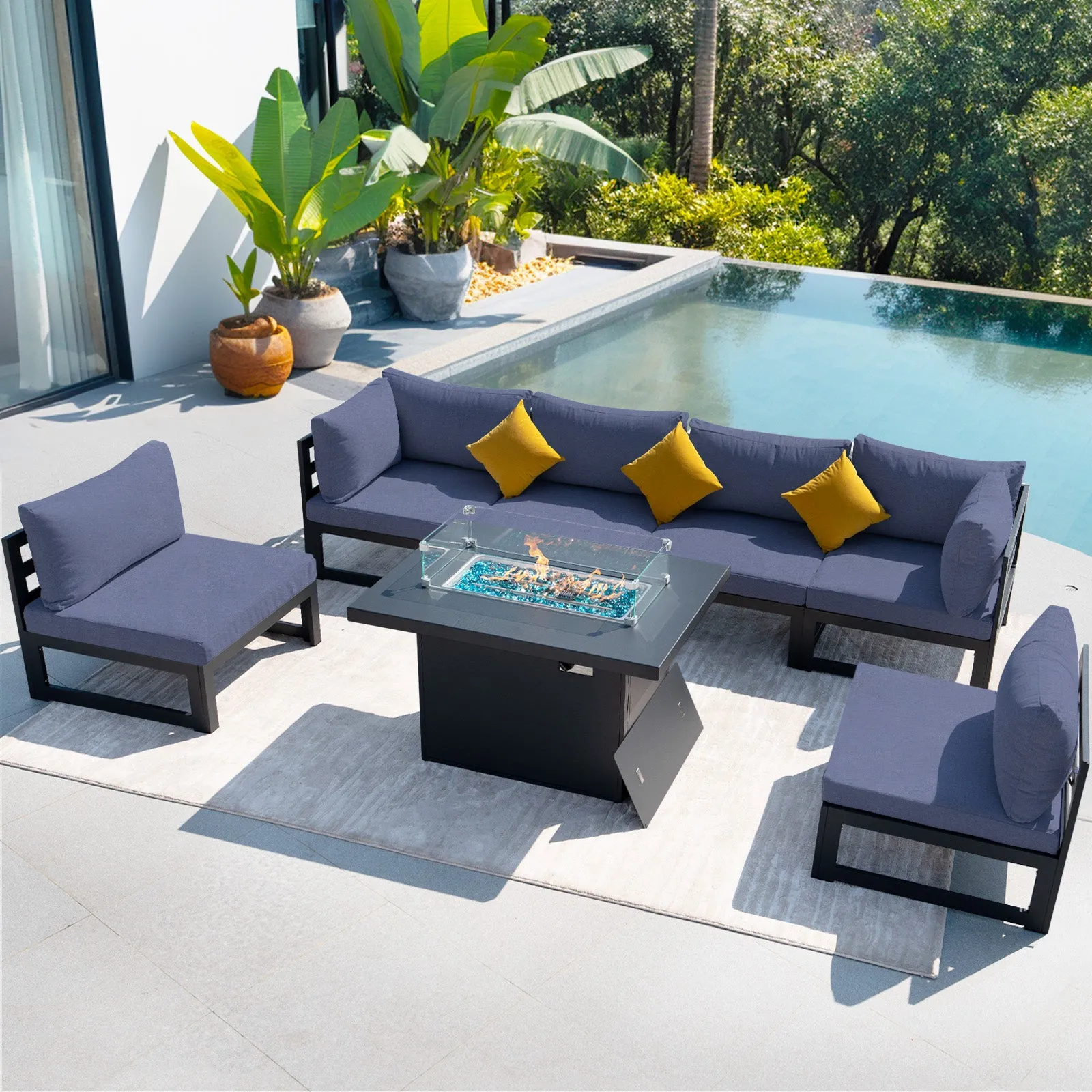NICESOUL Aluminum Patio Sofa with Fire Pit 6 Seater 7-Piece